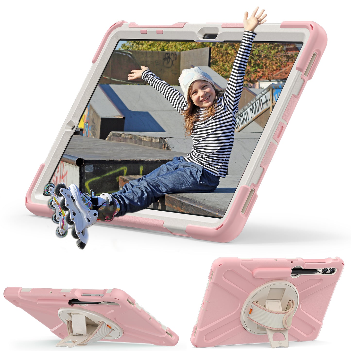 For Samsung Galaxy Tab S10+ X826 / S9 FE+ / S9+ / S8+ / S7 Wrist Strap Tablet Case Anti-Scratch PC+Silicone Kickstand Cover - Pink