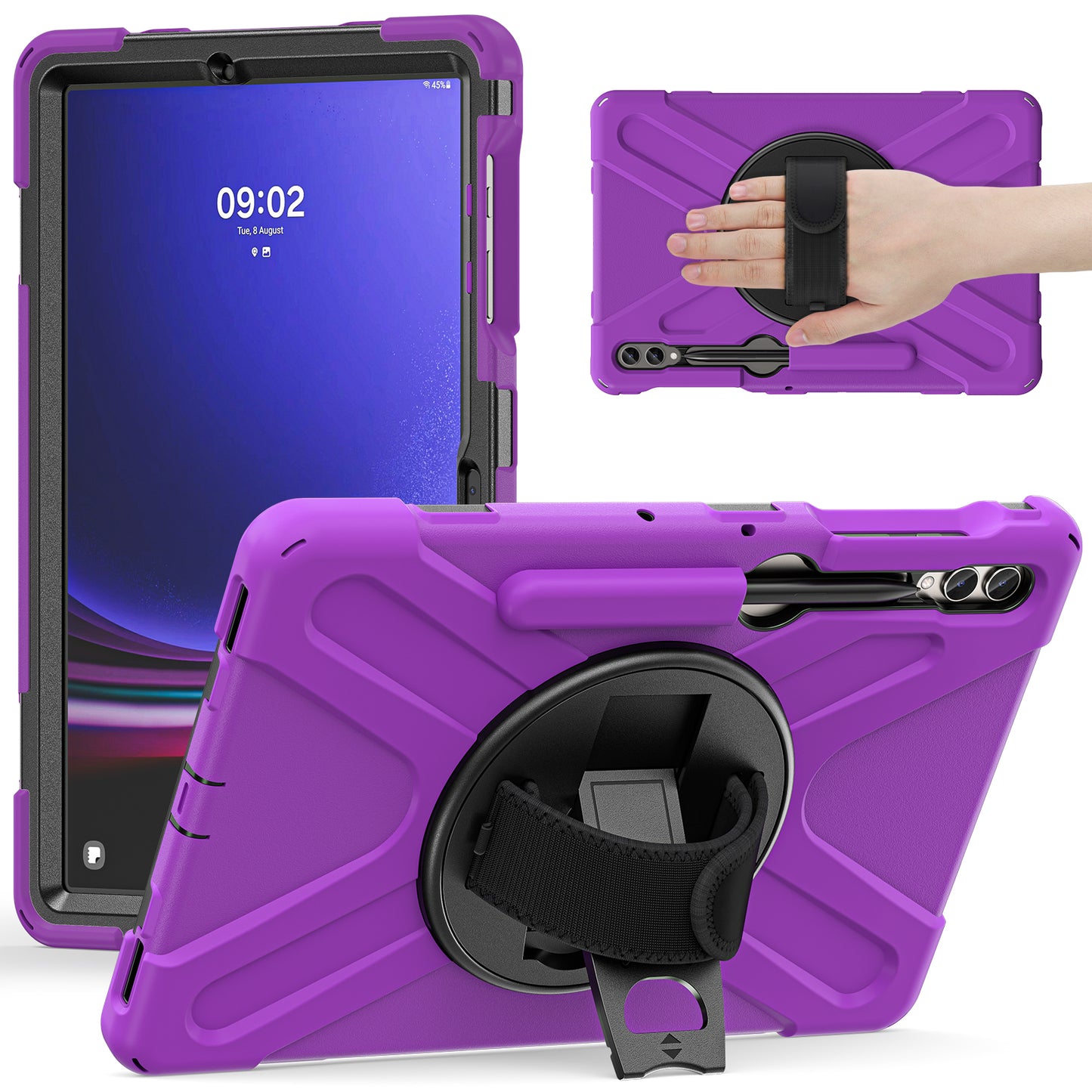 For Samsung Galaxy Tab S10+ X826 / S9 FE+ / S9+ / S8+ / S7+ Wrist Strap Tablet Case Anti-Scratch PC+Silicone Kickstand Cover - Purple