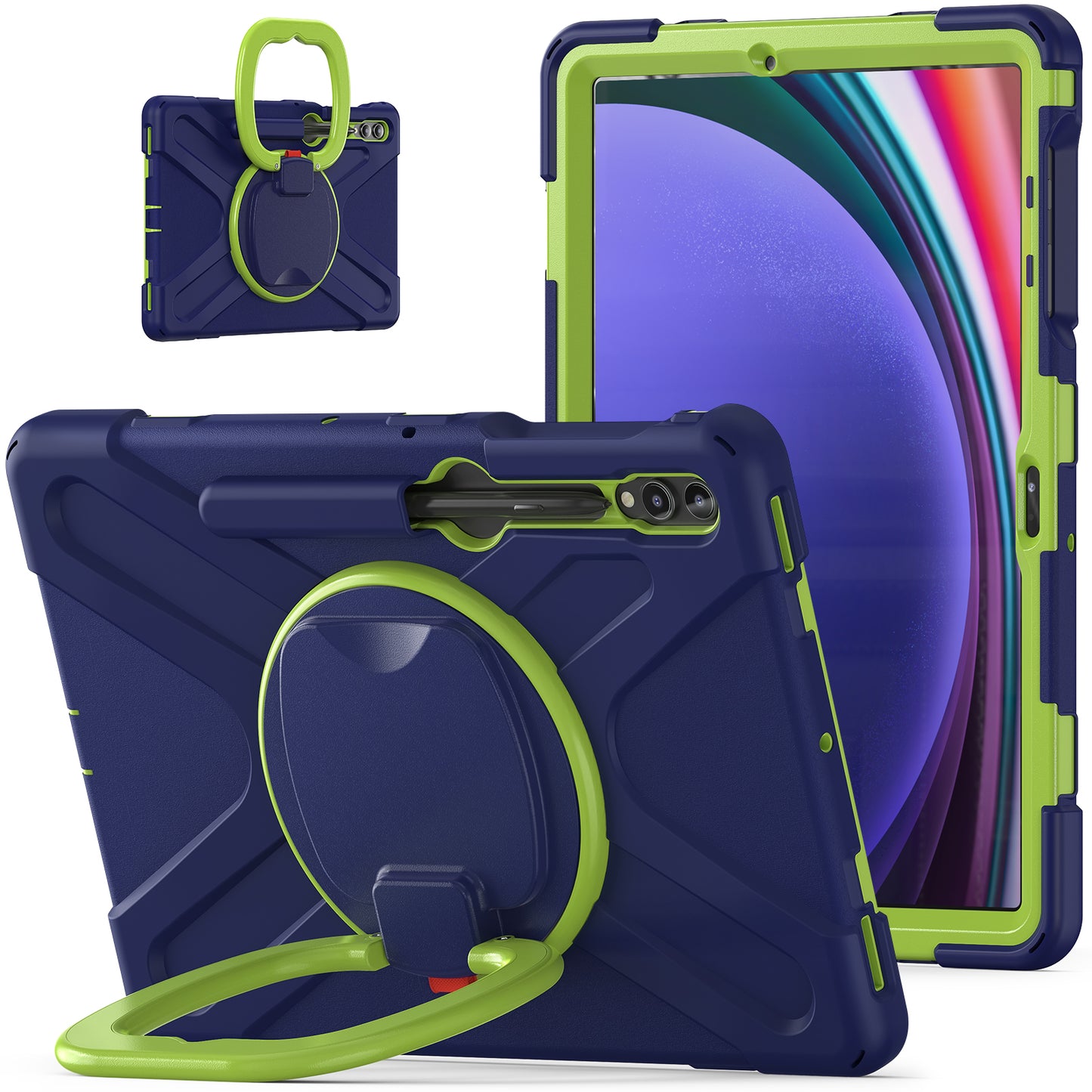 For Samsung Galaxy Tab S10+ X826 / S9 FE+ / S9+ / S8+ / S7+ PC+Silicone Protective Case Rotating Kickstand Rugged Tablet Cover with Handle Design - Navy Blue Yellowgreen