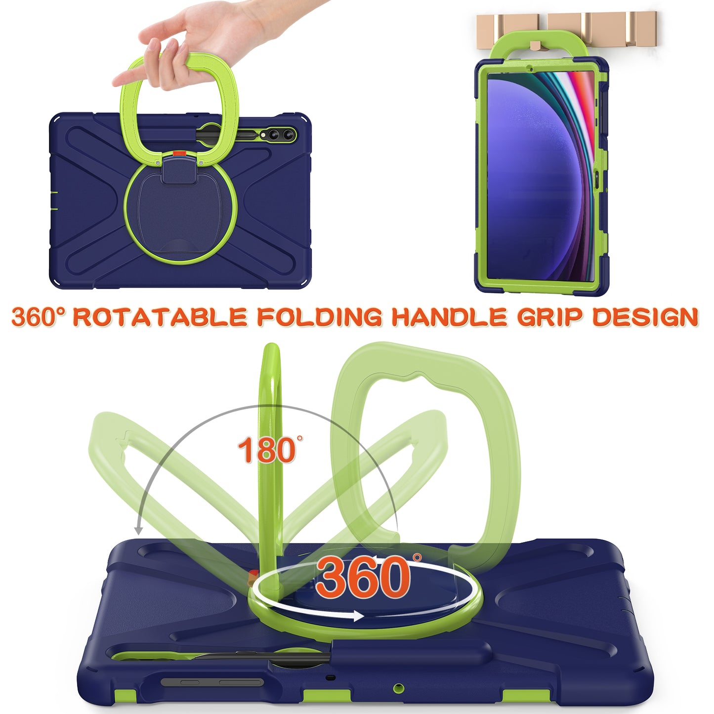 For Samsung Galaxy Tab S10+ X826 / S9 FE+ / S9+ / S8+ / S7+ PC+Silicone Protective Case Rotating Kickstand Rugged Tablet Cover with Handle Design - Navy Blue Yellowgreen