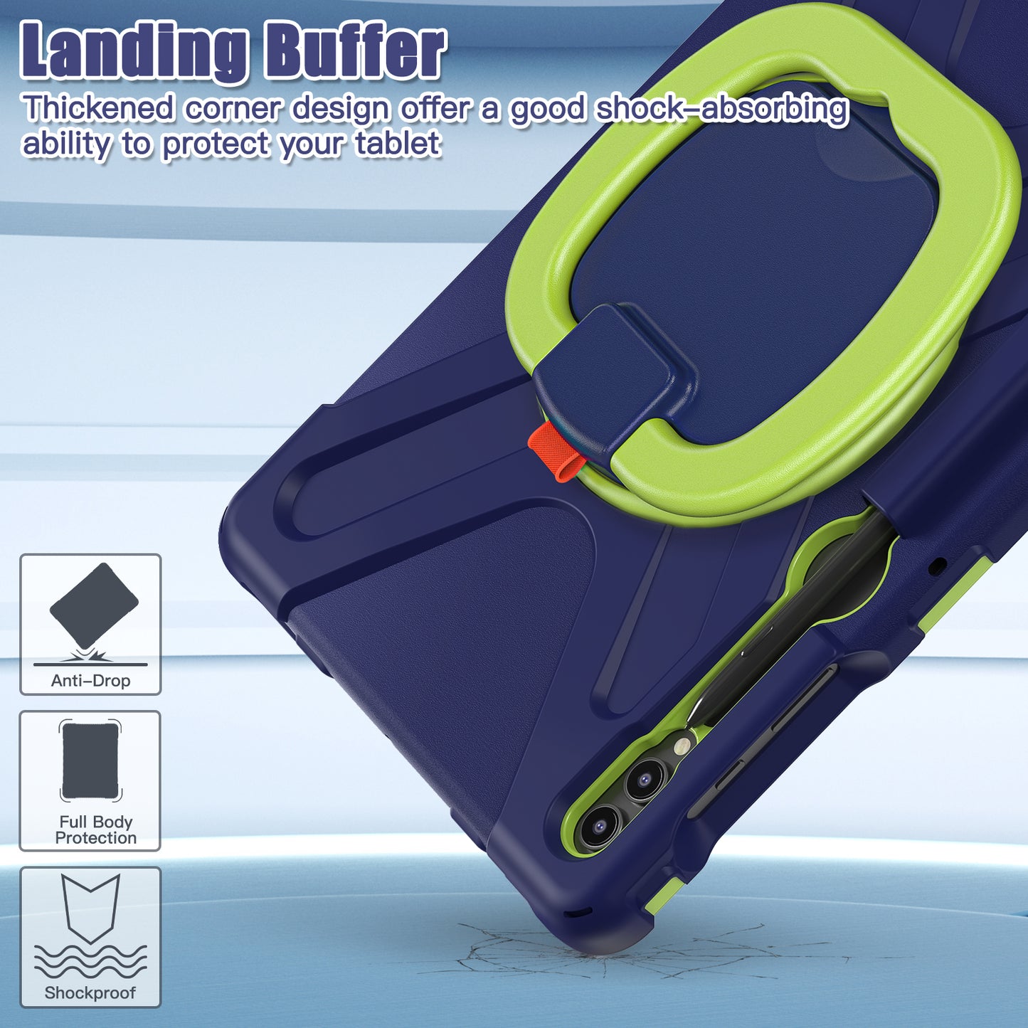 For Samsung Galaxy Tab S10+ X826 / S9 FE+ / S9+ / S8+ / S7+ PC+Silicone Protective Case Rotating Kickstand Rugged Tablet Cover with Handle Design - Navy Blue Yellowgreen