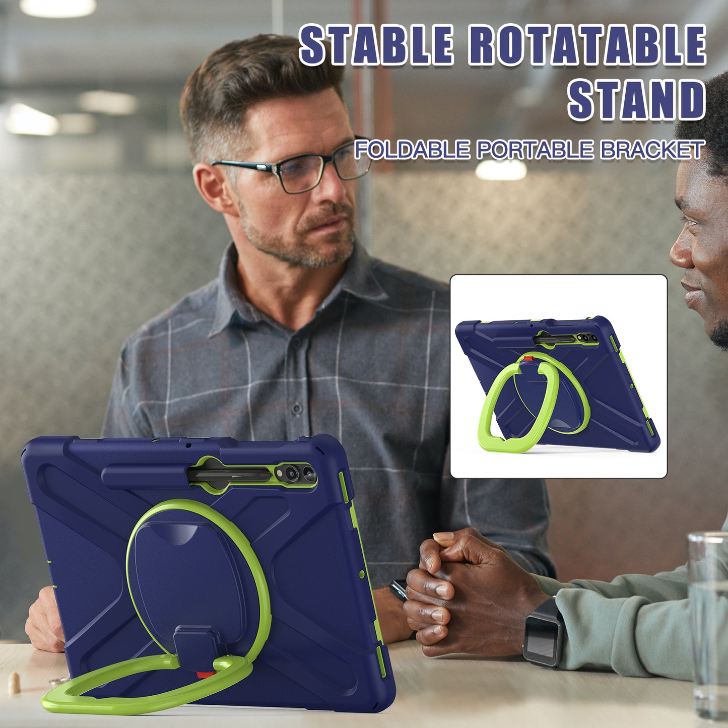 For Samsung Galaxy Tab S10+ X826 / S9 FE+ / S9+ / S8+ / S7+ PC+Silicone Protective Case Rotating Kickstand Rugged Tablet Cover with Handle Design - Navy Blue Yellowgreen