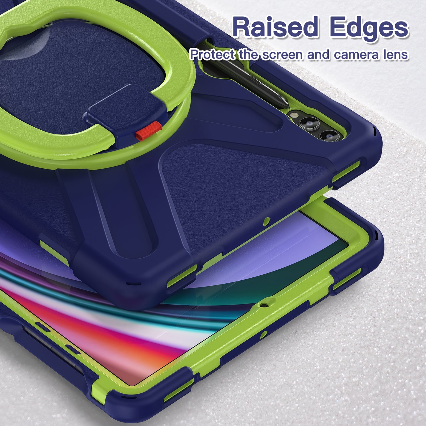 For Samsung Galaxy Tab S10+ X826 / S9 FE+ / S9+ / S8+ / S7+ PC+Silicone Protective Case Rotating Kickstand Rugged Tablet Cover with Handle Design - Navy Blue Yellowgreen