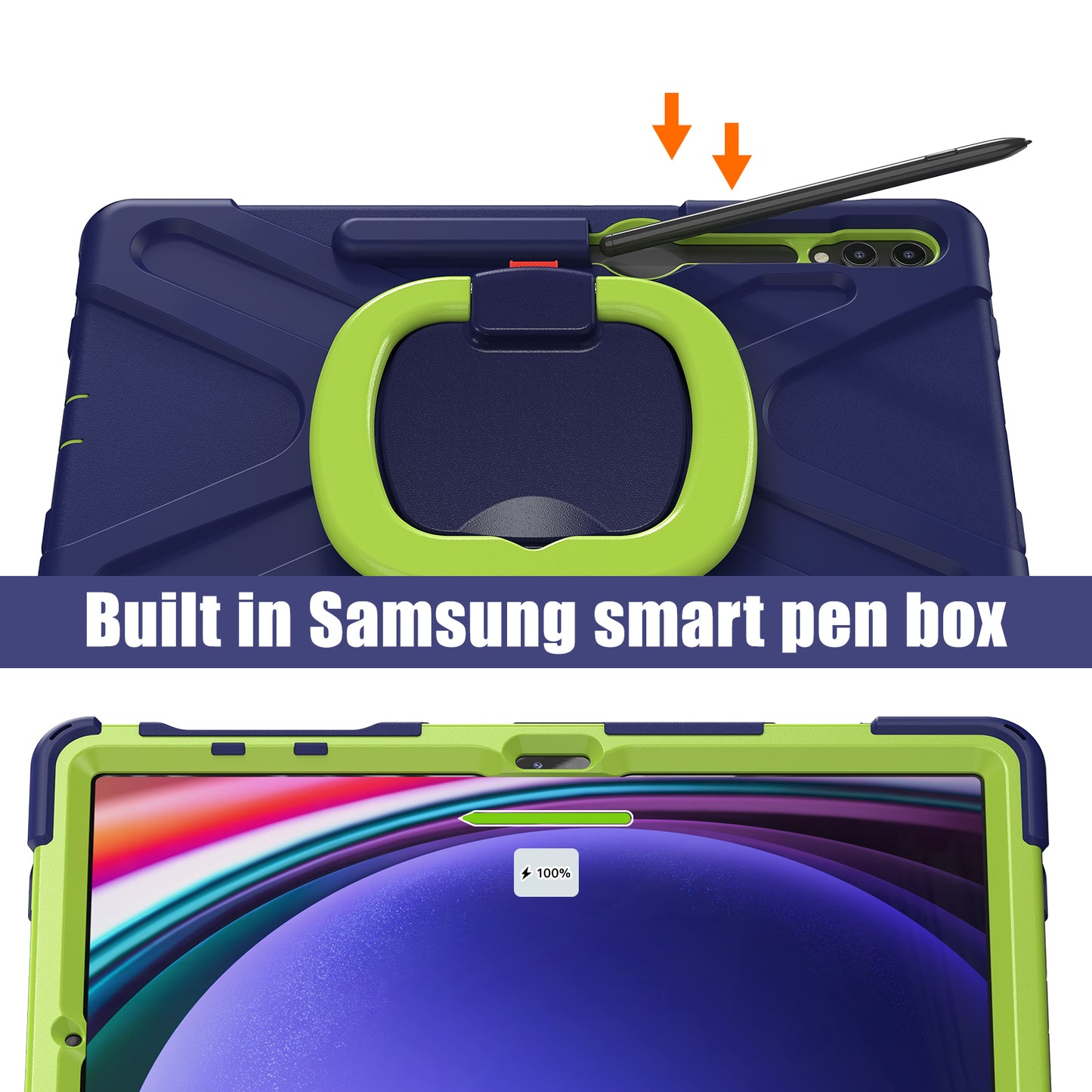For Samsung Galaxy Tab S10+ X826 / S9 FE+ / S9+ / S8+ / S7+ PC+Silicone Protective Case Rotating Kickstand Rugged Tablet Cover with Handle Design - Navy Blue Yellowgreen