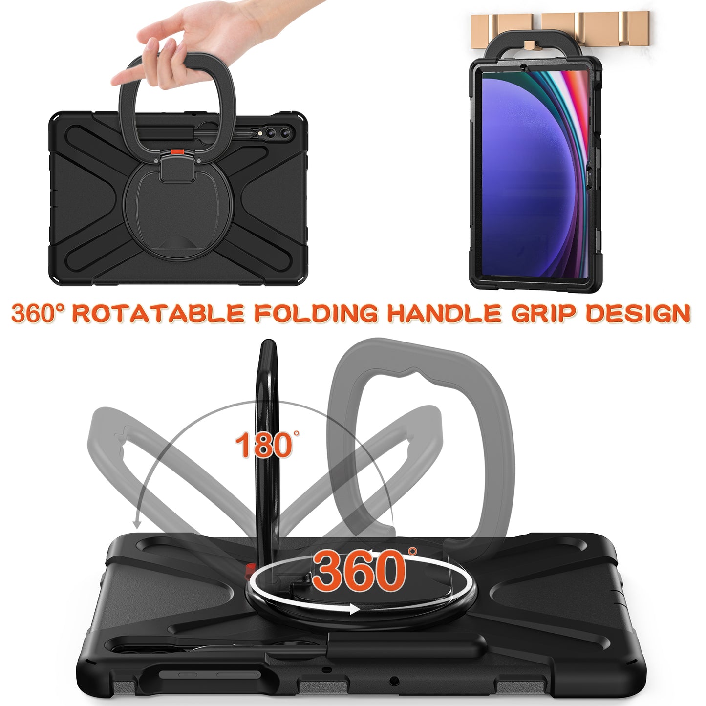 For Samsung Galaxy Tab S10+ X826 / S9 FE+ / S9+ / S8+ / S7+ PC+Silicone Protective Case Rotating Kickstand Rugged Tablet Cover with Handle Design - Black Black