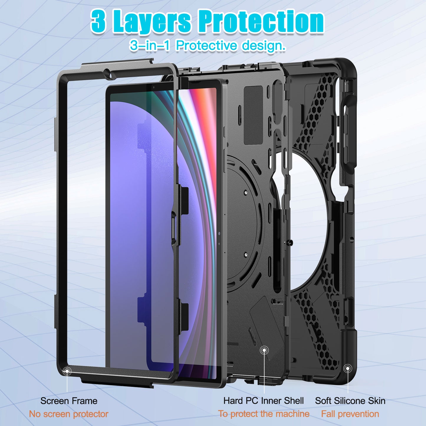 For Samsung Galaxy Tab S10+ X826 / S9 FE+ / S9+ / S8+ / S7+ PC+Silicone Protective Case Rotating Kickstand Rugged Tablet Cover with Handle Design - Black Black