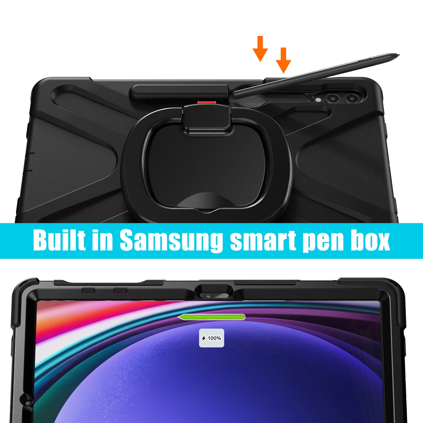 For Samsung Galaxy Tab S10+ X826 / S9 FE+ / S9+ / S8+ / S7+ PC+Silicone Protective Case Rotating Kickstand Rugged Tablet Cover with Handle Design - Black Black
