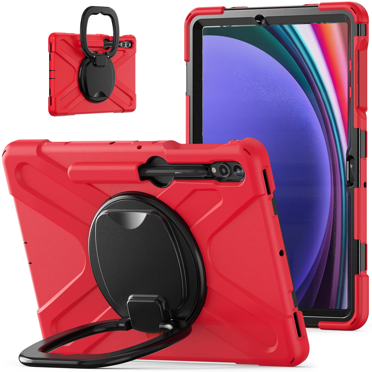 For Samsung Galaxy Tab S10+ X826 / S9 FE+ / S9+ / S8+ / S7+ PC+Silicone Protective Case Rotating Kickstand Rugged Tablet Cover with Handle Design - Red Black