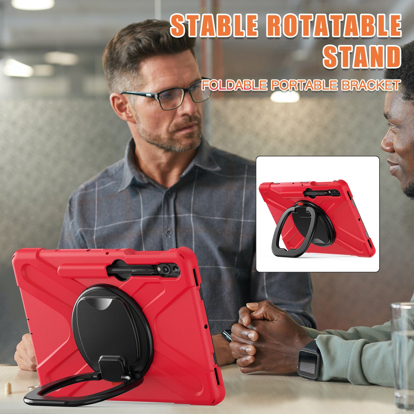 For Samsung Galaxy Tab S10+ X826 / S9 FE+ / S9+ / S8+ / S7+ PC+Silicone Protective Case Rotating Kickstand Rugged Tablet Cover with Handle Design - Red Black