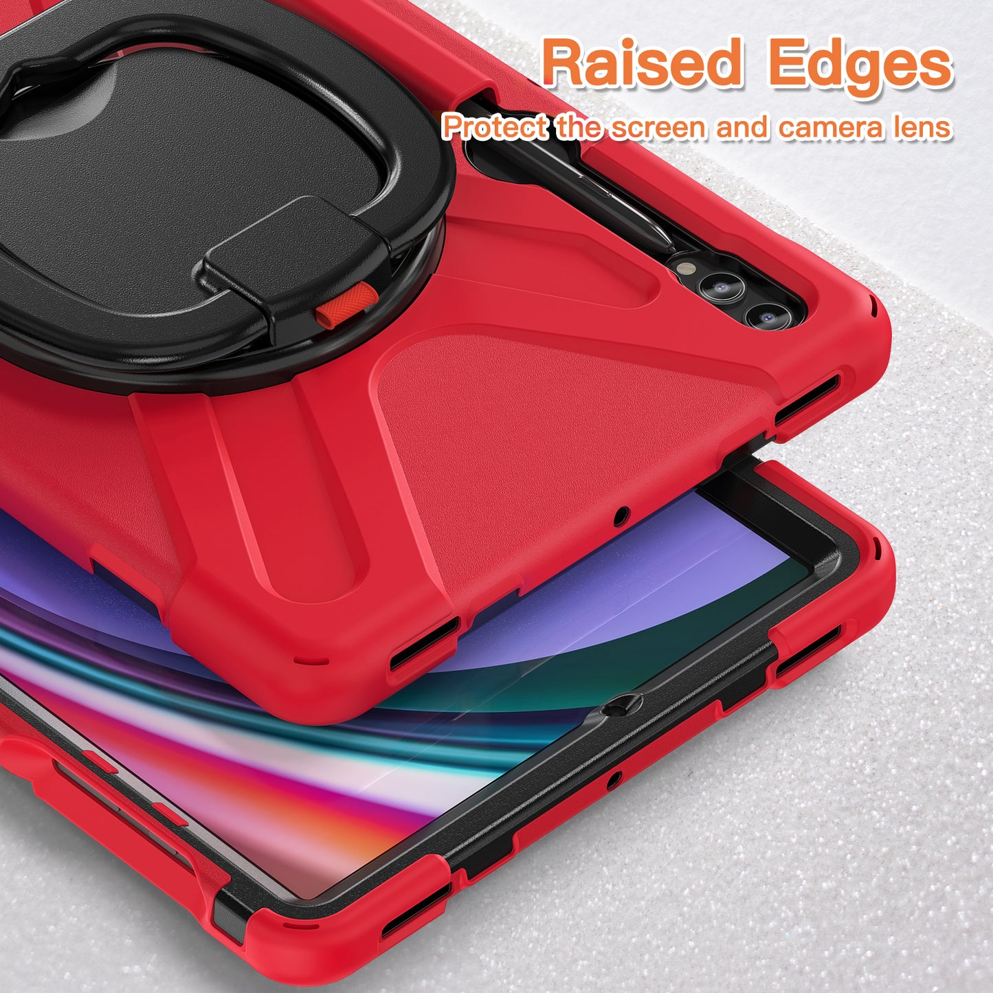 For Samsung Galaxy Tab S10+ X826 / S9 FE+ / S9+ / S8+ / S7+ PC+Silicone Protective Case Rotating Kickstand Rugged Tablet Cover with Handle Design - Red Black