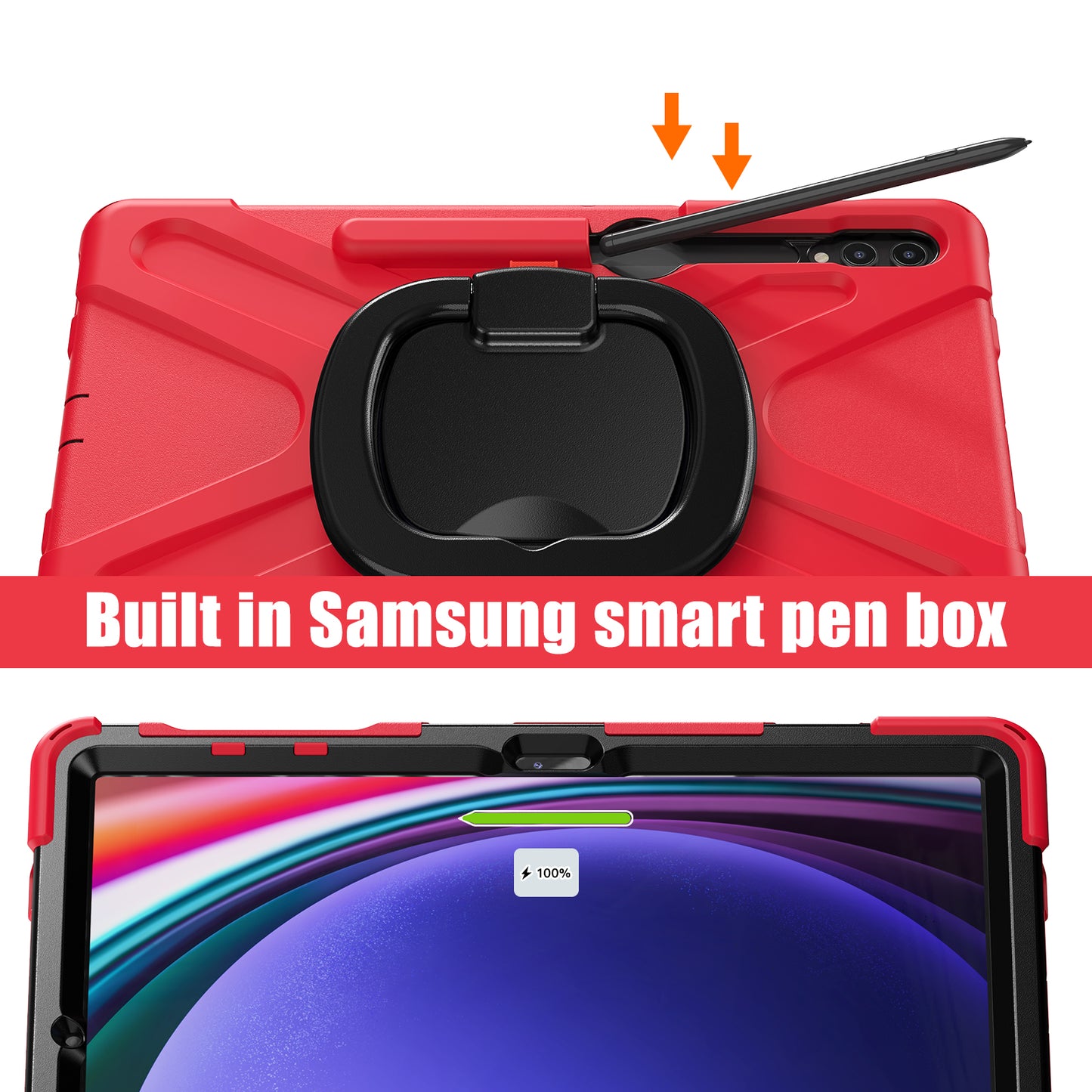 For Samsung Galaxy Tab S10+ X826 / S9 FE+ / S9+ / S8+ / S7+ PC+Silicone Protective Case Rotating Kickstand Rugged Tablet Cover with Handle Design - Red Black