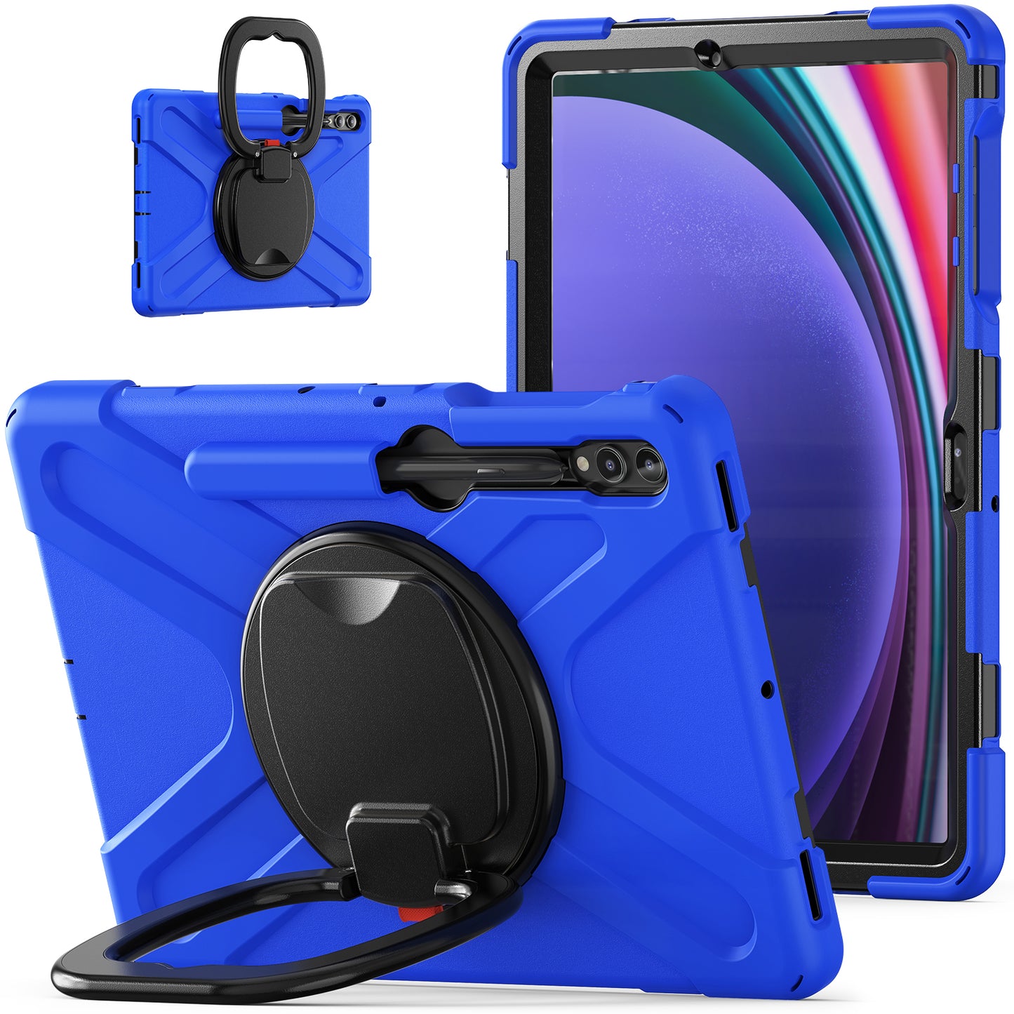 For Samsung Galaxy Tab S10+ X826 / S9 FE+ / S9+ / S8+ / S7+ PC+Silicone Protective Case Rotating Kickstand Rugged Tablet Cover with Handle Design - Blue Black