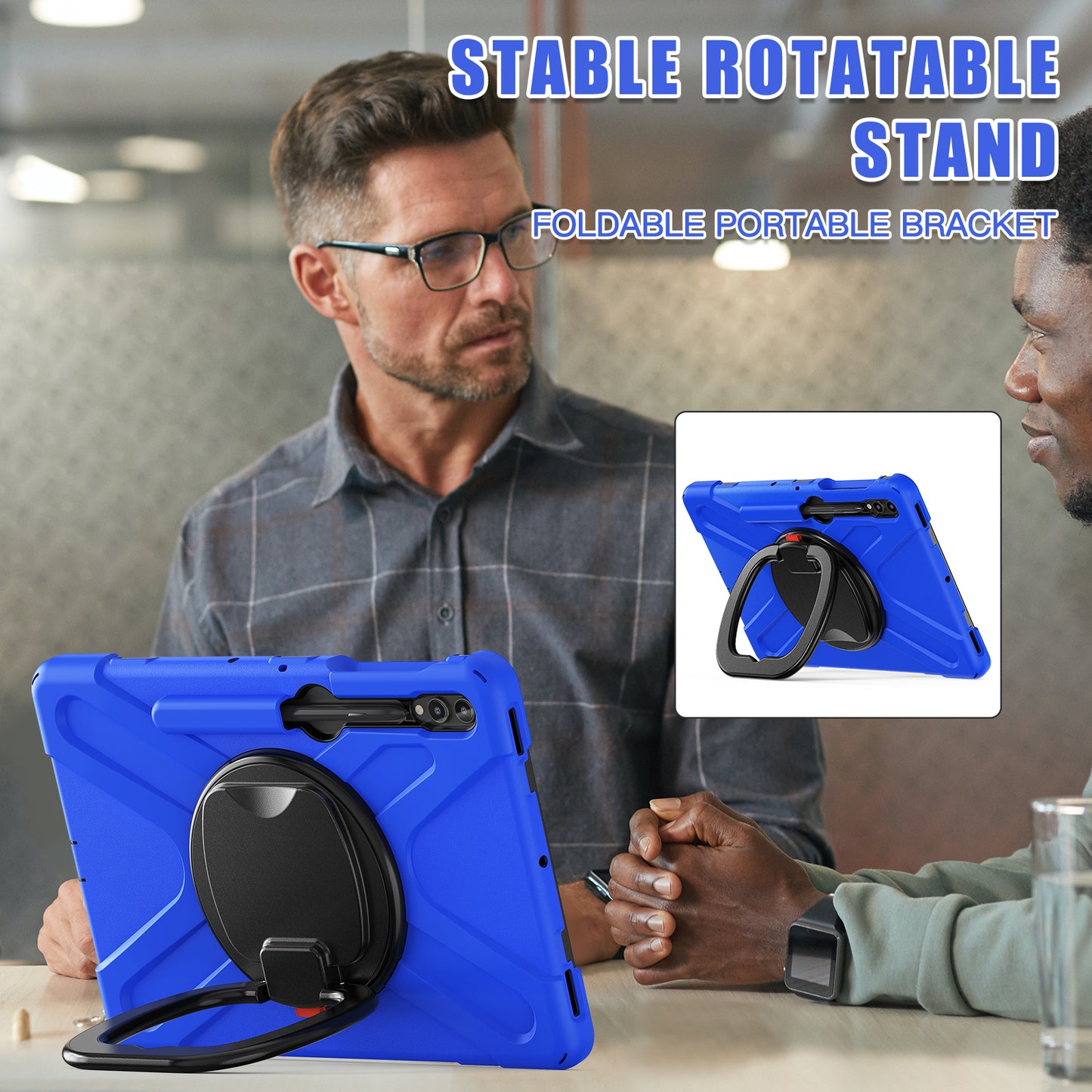 For Samsung Galaxy Tab S10+ X826 / S9 FE+ / S9+ / S8+ / S7+ PC+Silicone Protective Case Rotating Kickstand Rugged Tablet Cover with Handle Design - Blue Black