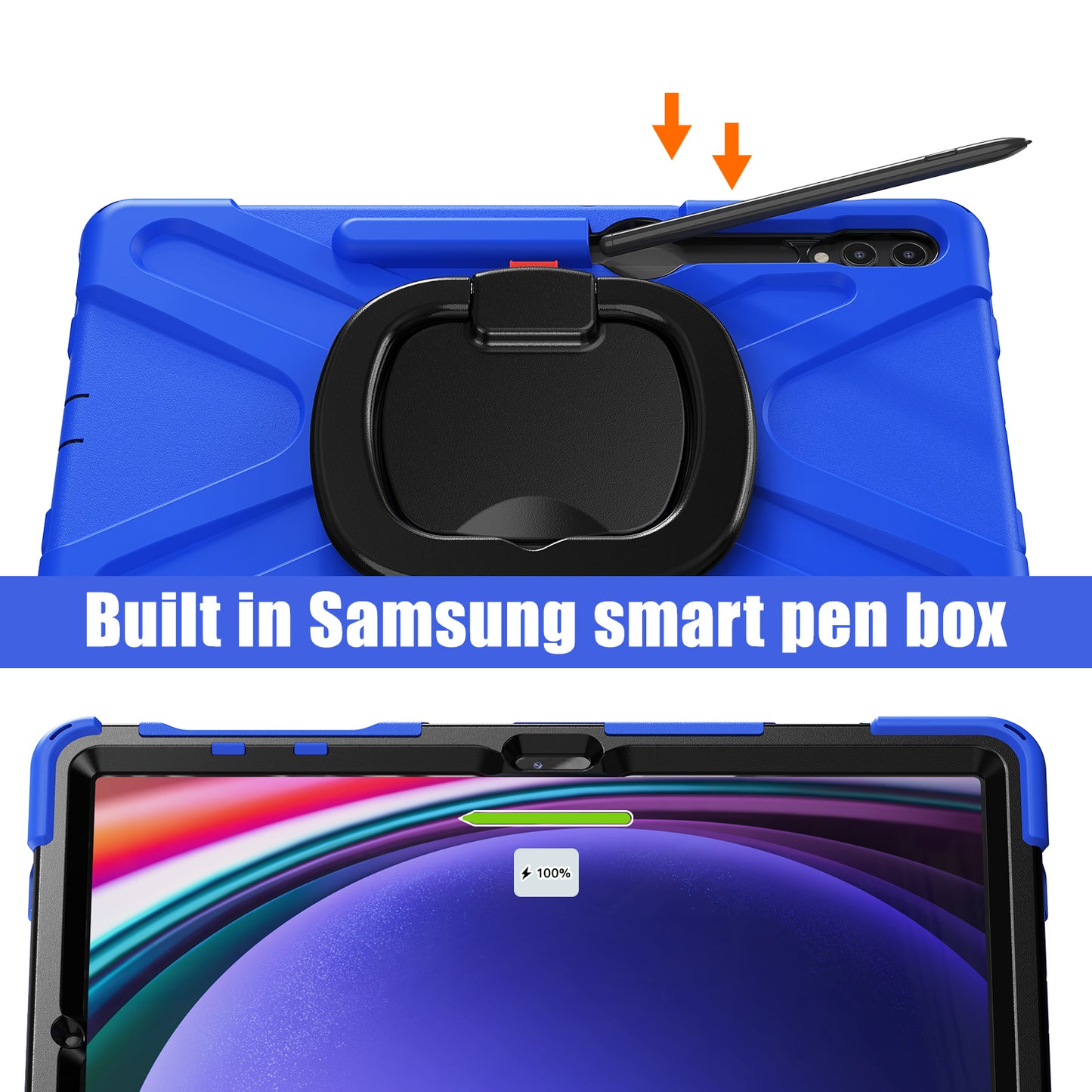 For Samsung Galaxy Tab S10+ X826 / S9 FE+ / S9+ / S8+ / S7+ PC+Silicone Protective Case Rotating Kickstand Rugged Tablet Cover with Handle Design - Blue Black