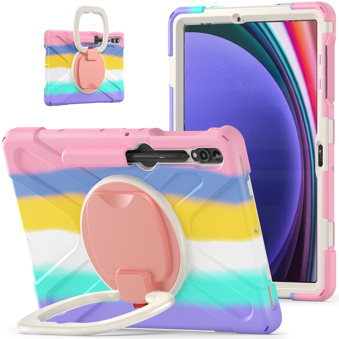 For Samsung Galaxy Tab S10+ X826 / S9 FE+ / S9+ / S8+ / S7+ PC+Silicone Protective Case Rotating Kickstand Rugged Tablet Cover with Handle Design - Colorful Pink