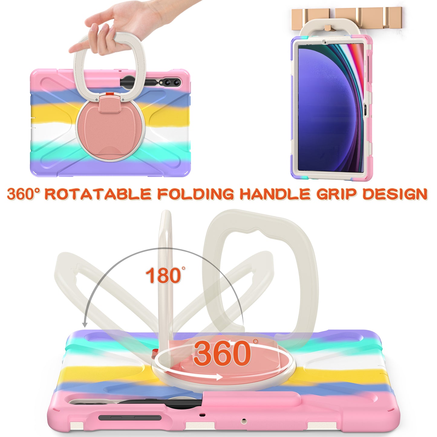 For Samsung Galaxy Tab S10+ X826 / S9 FE+ / S9+ / S8+ / S7+ PC+Silicone Protective Case Rotating Kickstand Rugged Tablet Cover with Handle Design - Colorful Pink