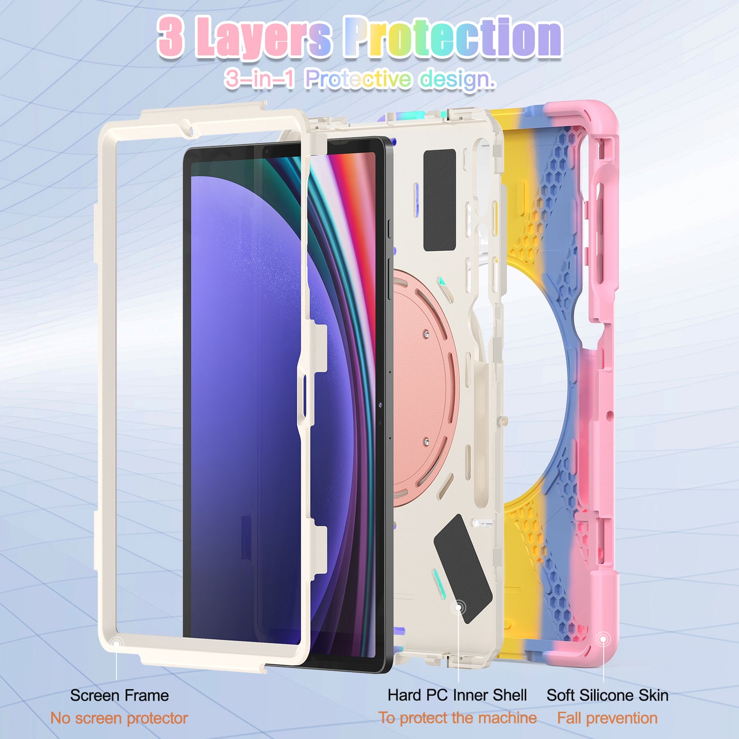 For Samsung Galaxy Tab S10+ X826 / S9 FE+ / S9+ / S8+ / S7+ PC+Silicone Protective Case Rotating Kickstand Rugged Tablet Cover with Handle Design - Colorful Pink