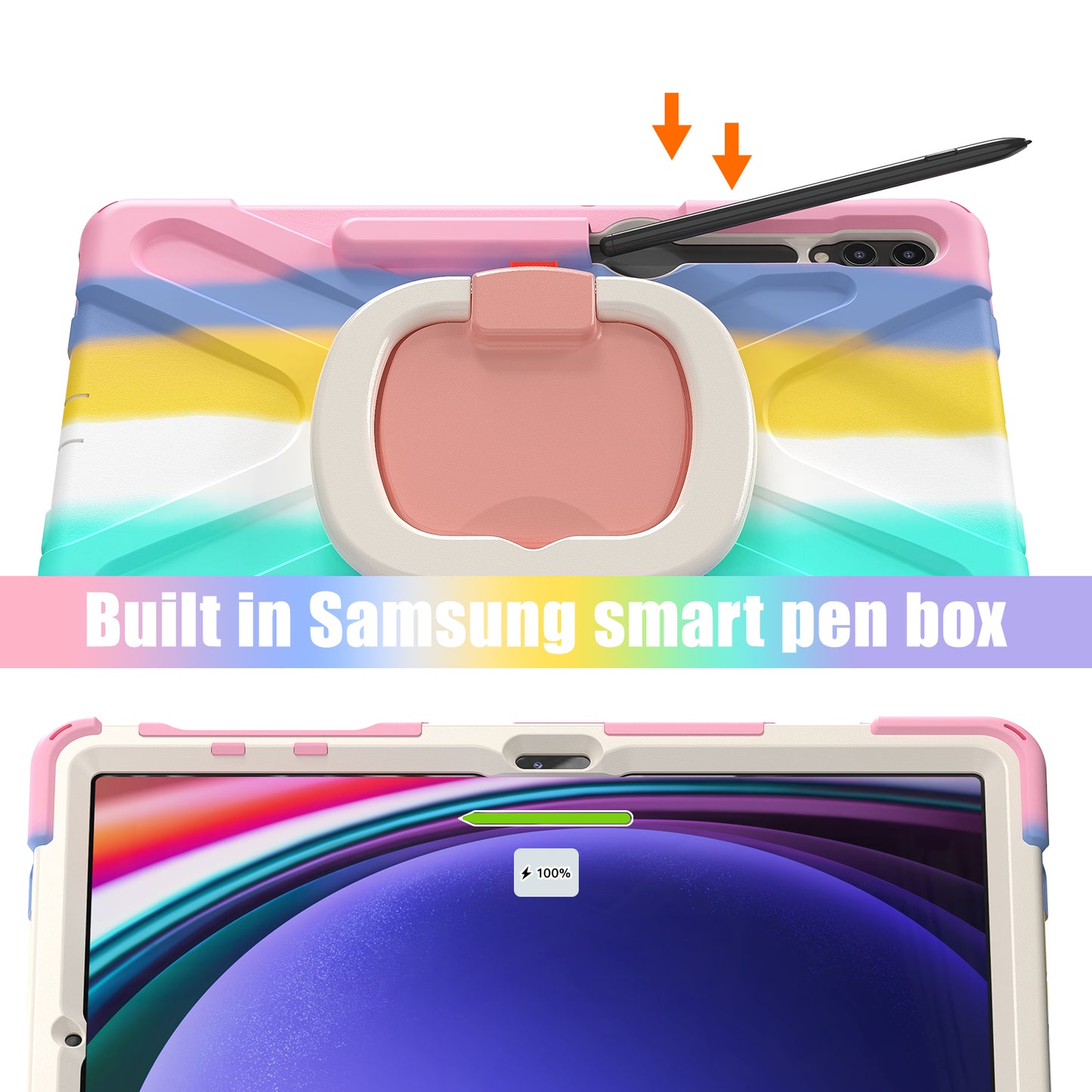 For Samsung Galaxy Tab S10+ X826 / S9 FE+ / S9+ / S8+ / S7+ PC+Silicone Protective Case Rotating Kickstand Rugged Tablet Cover with Handle Design - Colorful Pink