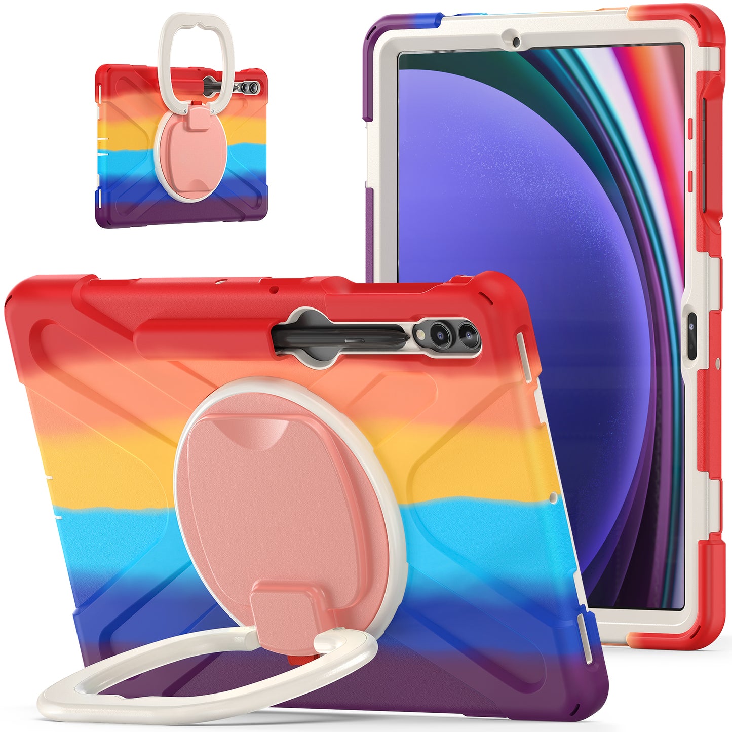 For Samsung Galaxy Tab S10+ X826 / S9 FE+ / S9+ / S8+ / S7+ PC+Silicone Protective Case Rotating Kickstand Rugged Tablet Cover with Handle Design - Colorful Red