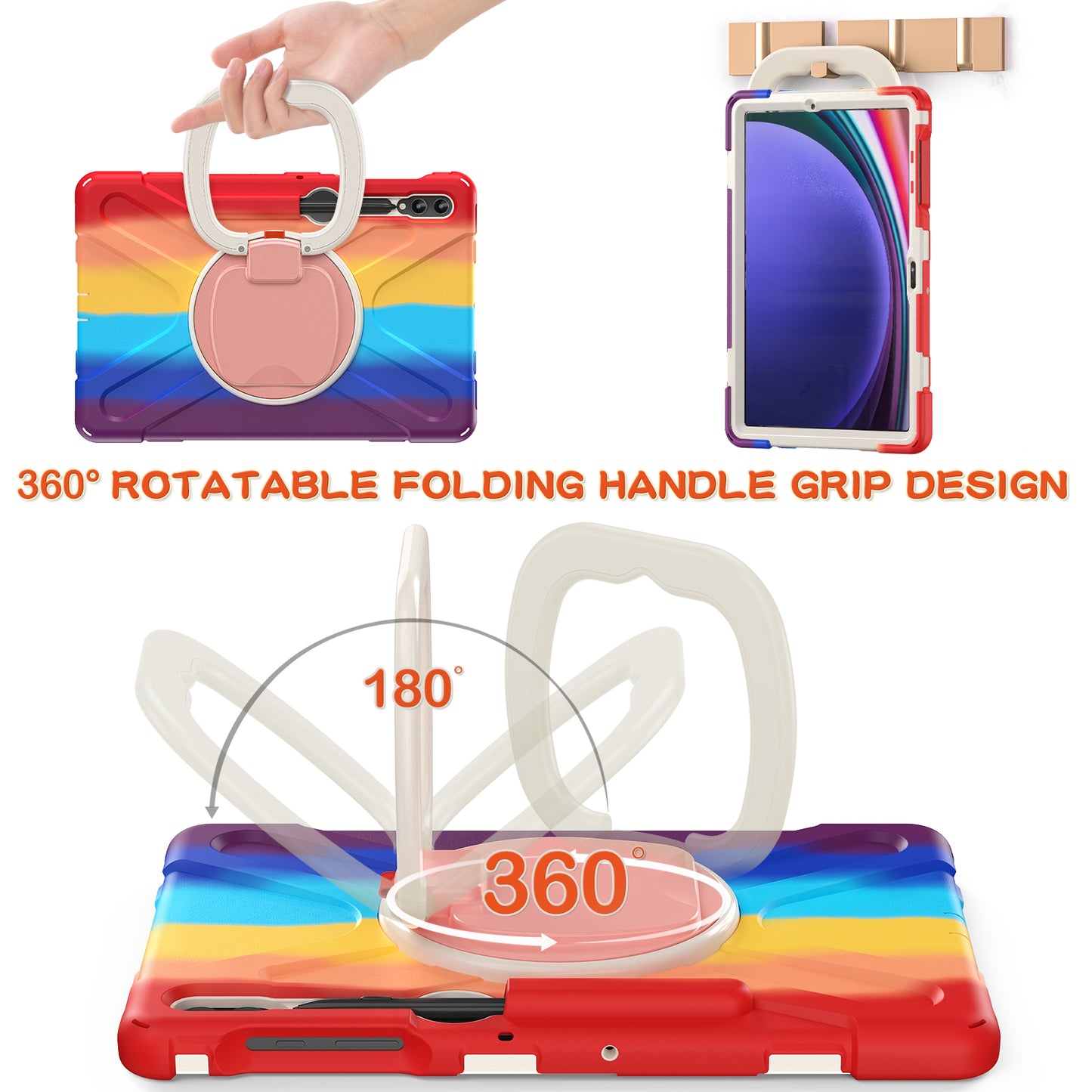 For Samsung Galaxy Tab S10+ X826 / S9 FE+ / S9+ / S8+ / S7+ PC+Silicone Protective Case Rotating Kickstand Rugged Tablet Cover with Handle Design - Colorful Red