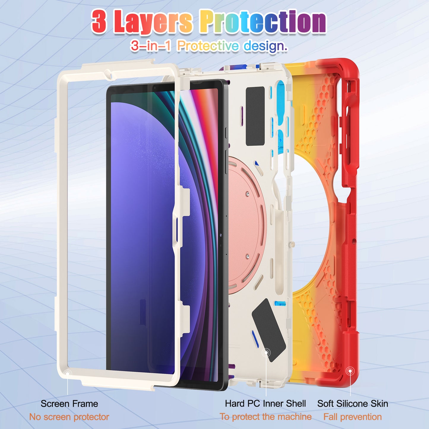 For Samsung Galaxy Tab S10+ X826 / S9 FE+ / S9+ / S8+ / S7+ PC+Silicone Protective Case Rotating Kickstand Rugged Tablet Cover with Handle Design - Colorful Red