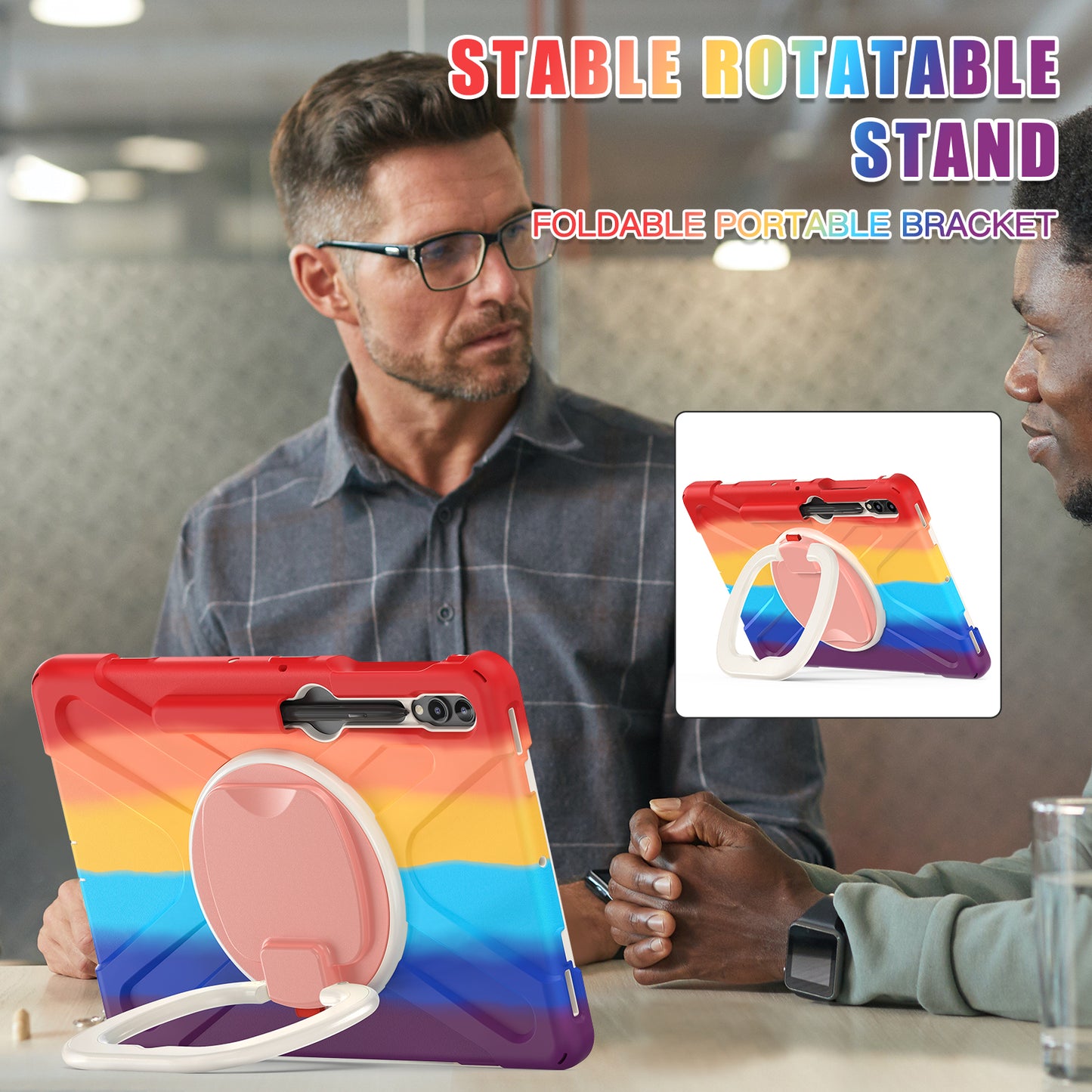 For Samsung Galaxy Tab S10+ X826 / S9 FE+ / S9+ / S8+ / S7+ PC+Silicone Protective Case Rotating Kickstand Rugged Tablet Cover with Handle Design - Colorful Red