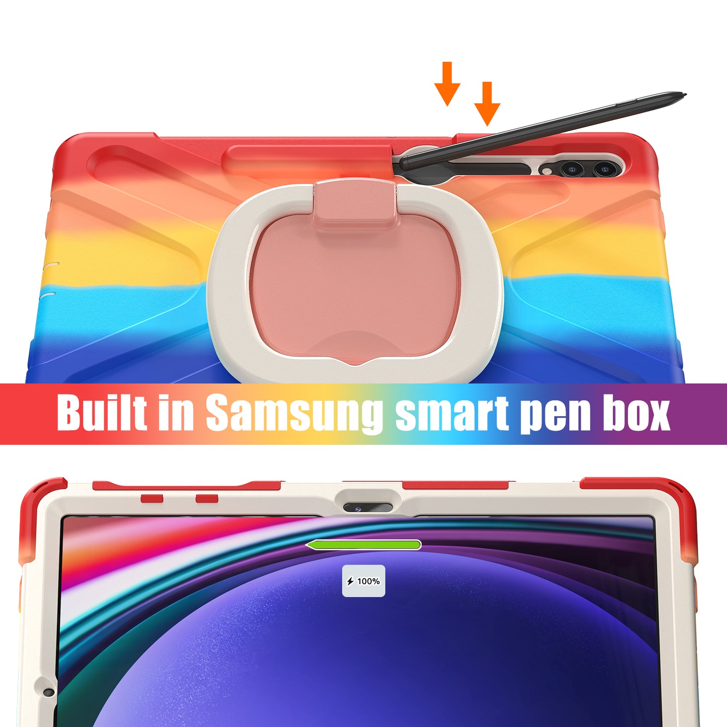 For Samsung Galaxy Tab S10+ X826 / S9 FE+ / S9+ / S8+ / S7+ PC+Silicone Protective Case Rotating Kickstand Rugged Tablet Cover with Handle Design - Colorful Red