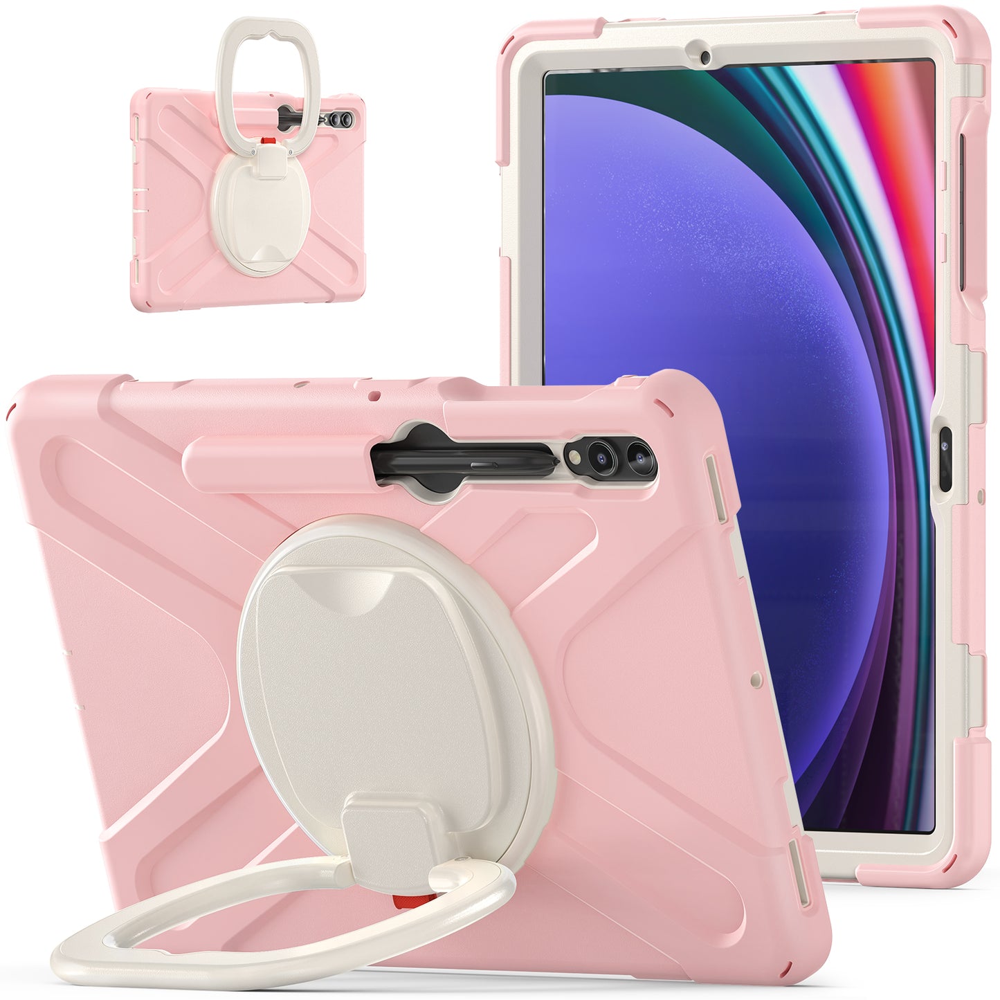 For Samsung Galaxy Tab S10+ X826 / S9 FE+ / S9+ / S8+ / S7+ PC+Silicone Protective Case Rotating Kickstand Rugged Tablet Cover with Handle Design - Pink
