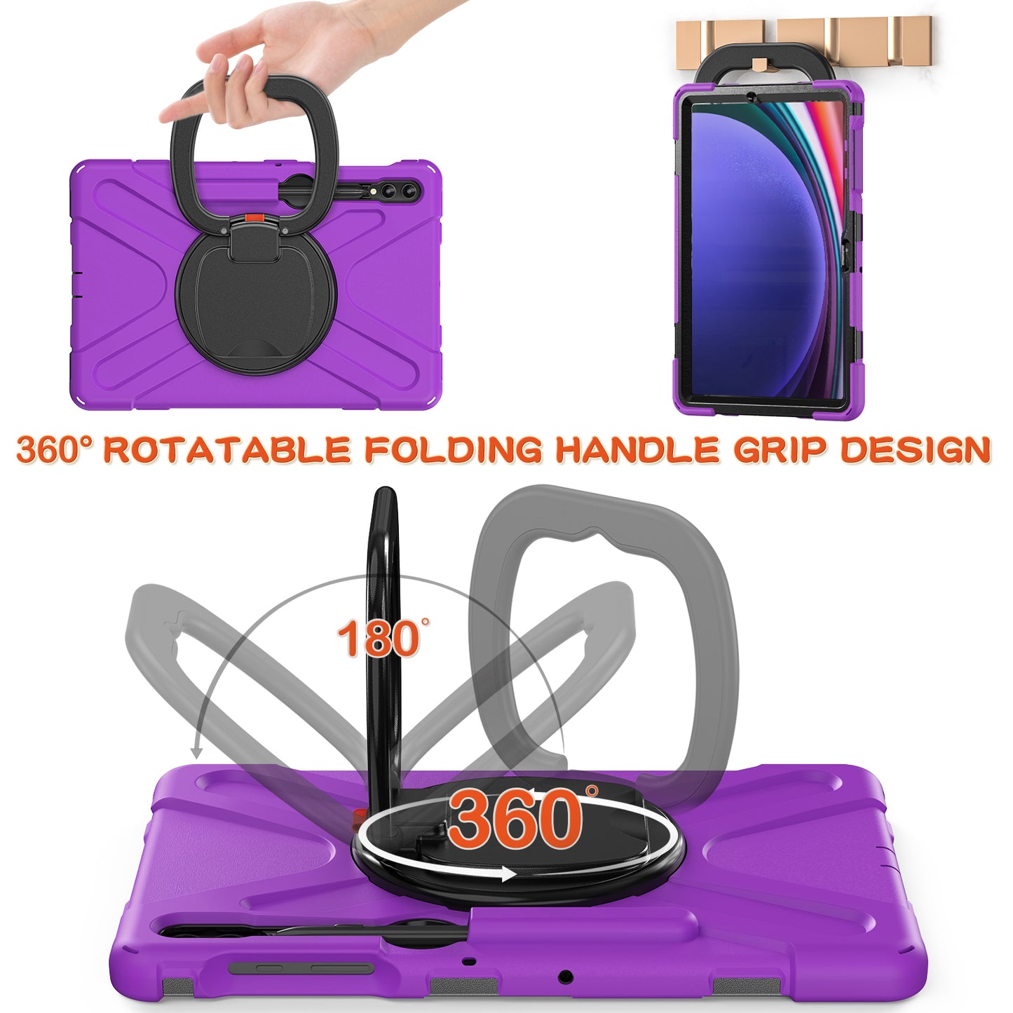 For Samsung Galaxy Tab S10+ X826 / S9 FE+ / S9+ / S8+ / S7+ PC+Silicone Protective Case Rotating Kickstand Rugged Tablet Cover with Handle Design - Purple