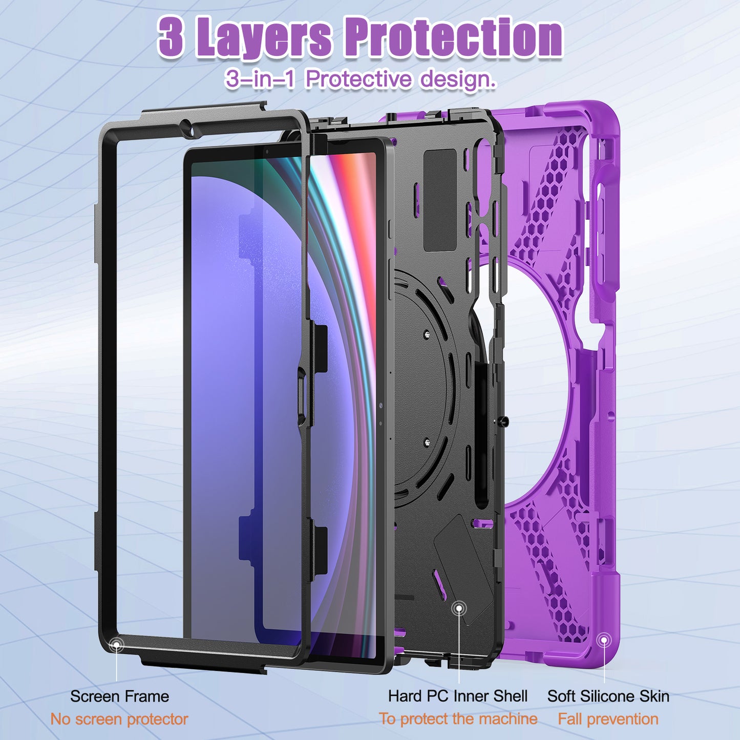 For Samsung Galaxy Tab S10+ X826 / S9 FE+ / S9+ / S8+ / S7+ PC+Silicone Protective Case Rotating Kickstand Rugged Tablet Cover with Handle Design - Purple