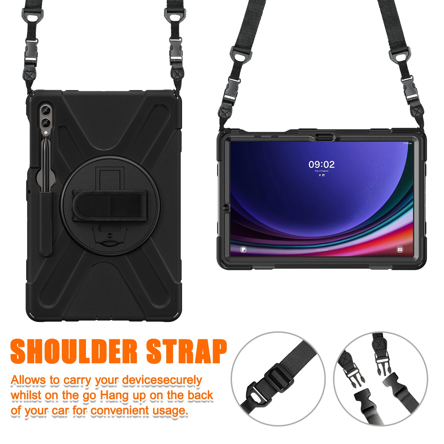 For Samsung Galaxy Tab S10+ X826 / S9 FE+ / S9+ / S8+ / S7+ Shockproof PC+Silicone Rugged Tablet Case Kickstand with Hand Band / Shoulder Strap - Black