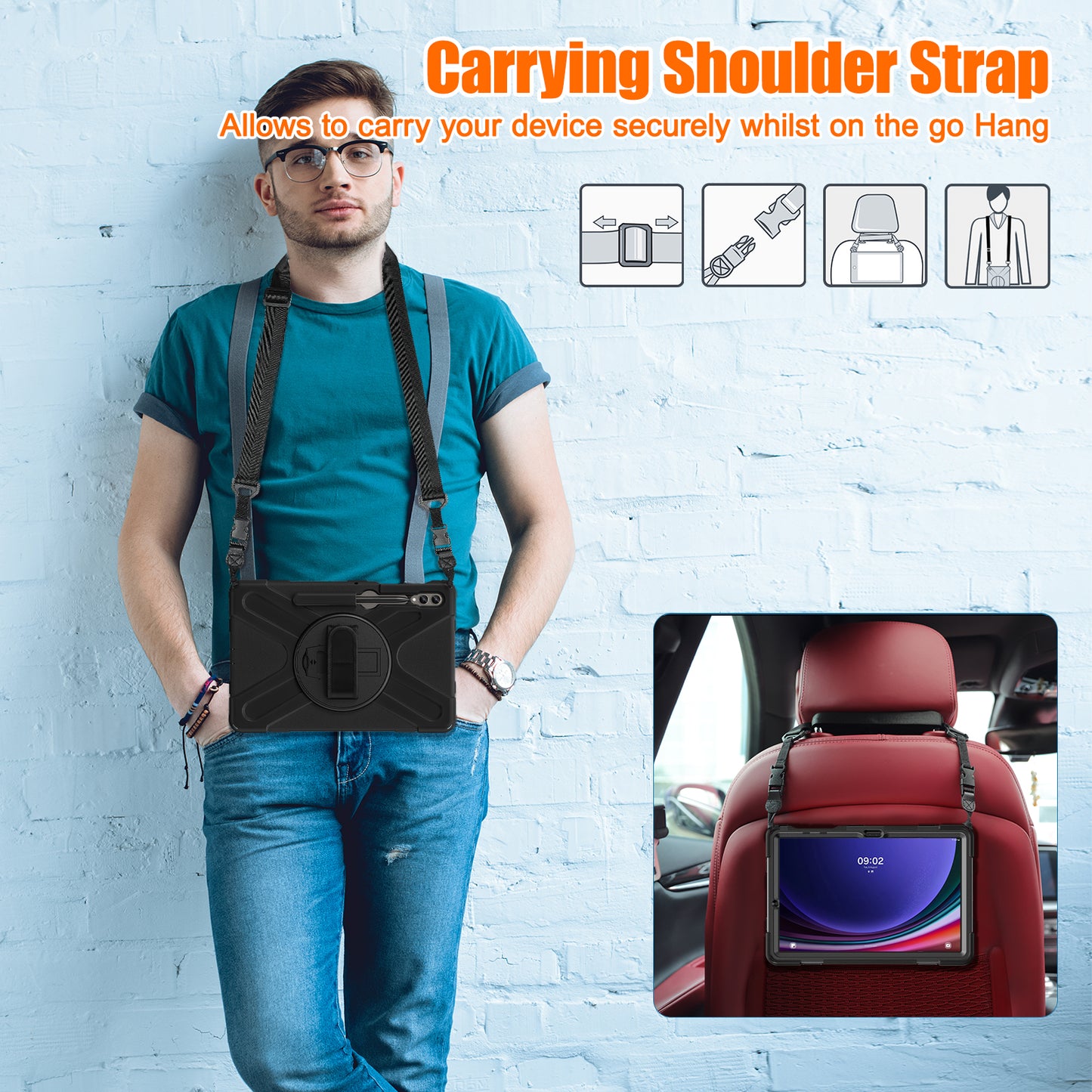 For Samsung Galaxy Tab S10+ X826 / S9 FE+ / S9+ / S8+ / S7+ Shockproof PC+Silicone Rugged Tablet Case Kickstand with Hand Band / Shoulder Strap - Black