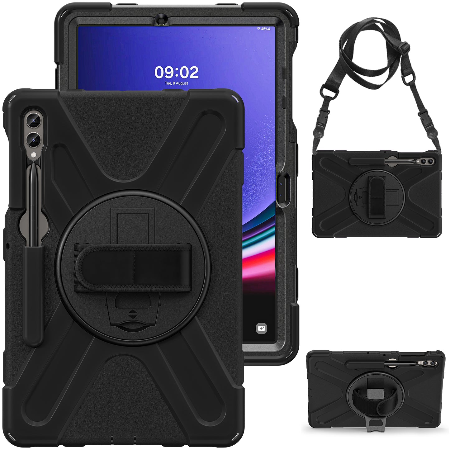 For Samsung Galaxy Tab S10+ X826 / S9 FE+ / S9+ / S8+ / S7+ Shockproof PC+Silicone Rugged Tablet Case Kickstand with Hand Band / Shoulder Strap - Black