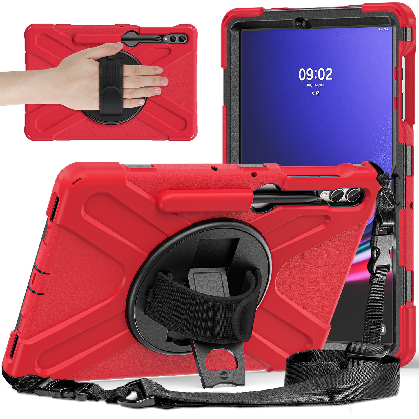 For Samsung Galaxy Tab S10+ X826 / S9 FE+ / S9+ / S8+ / S7+ Shockproof PC+Silicone Rugged Tablet Case Kickstand with Hand Band / Shoulder Strap - Red / Black