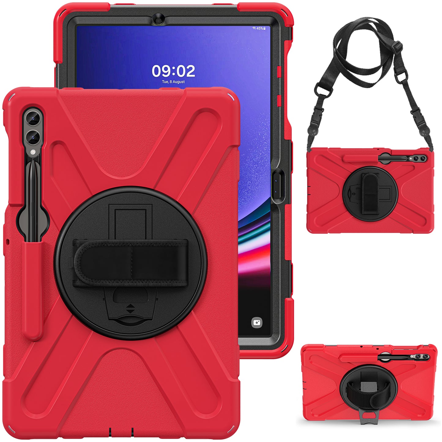 For Samsung Galaxy Tab S10+ X826 / S9 FE+ / S9+ / S8+ / S7+ Shockproof PC+Silicone Rugged Tablet Case Kickstand with Hand Band / Shoulder Strap - Red / Black