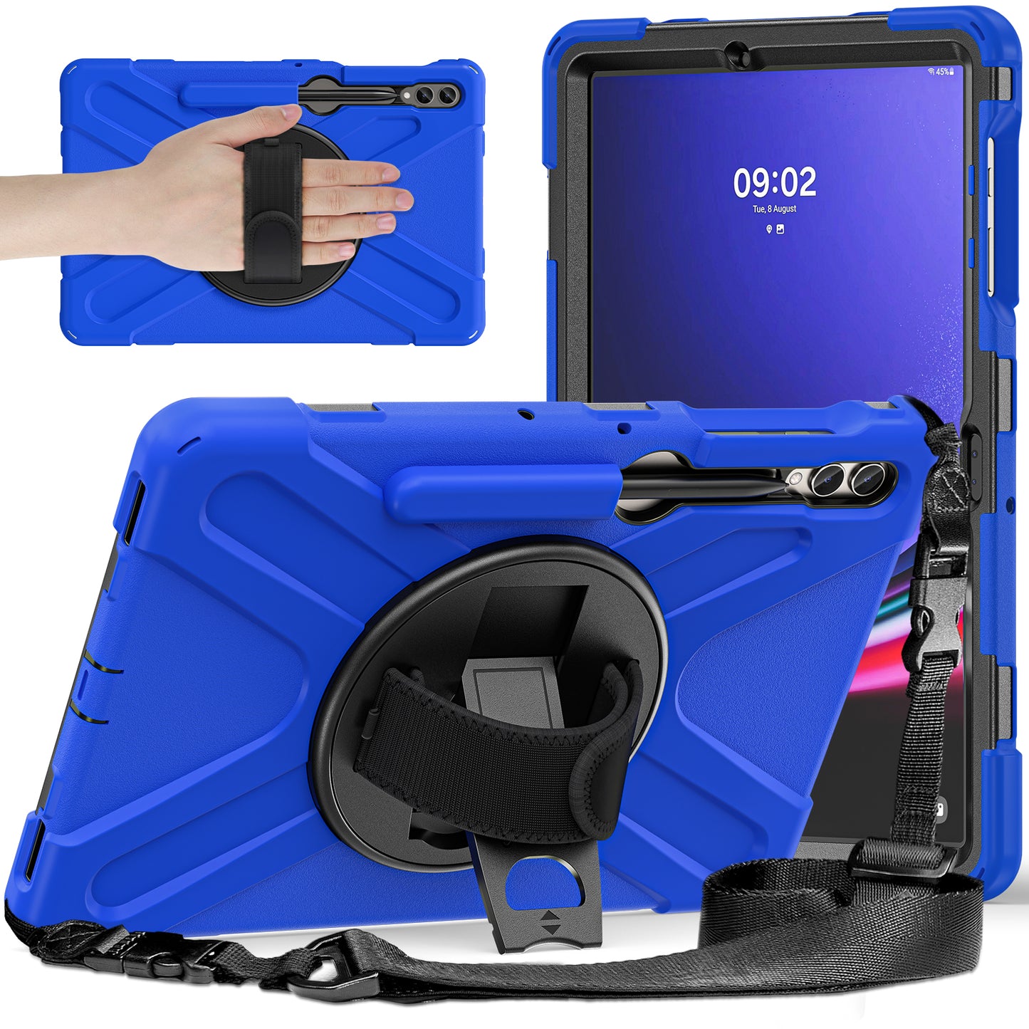 For Samsung Galaxy Tab S10+ X826 / S9 FE+ / S9+ / S8+ / S7+ Shockproof PC+Silicone Rugged Tablet Case Kickstand with Hand Band / Shoulder Strap - Blue / Black