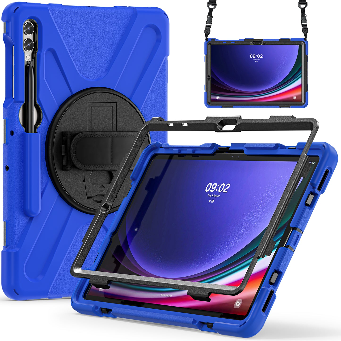 For Samsung Galaxy Tab S10+ X826 / S9 FE+ / S9+ / S8+ / S7+ Shockproof PC+Silicone Rugged Tablet Case Kickstand with Hand Band / Shoulder Strap - Blue / Black