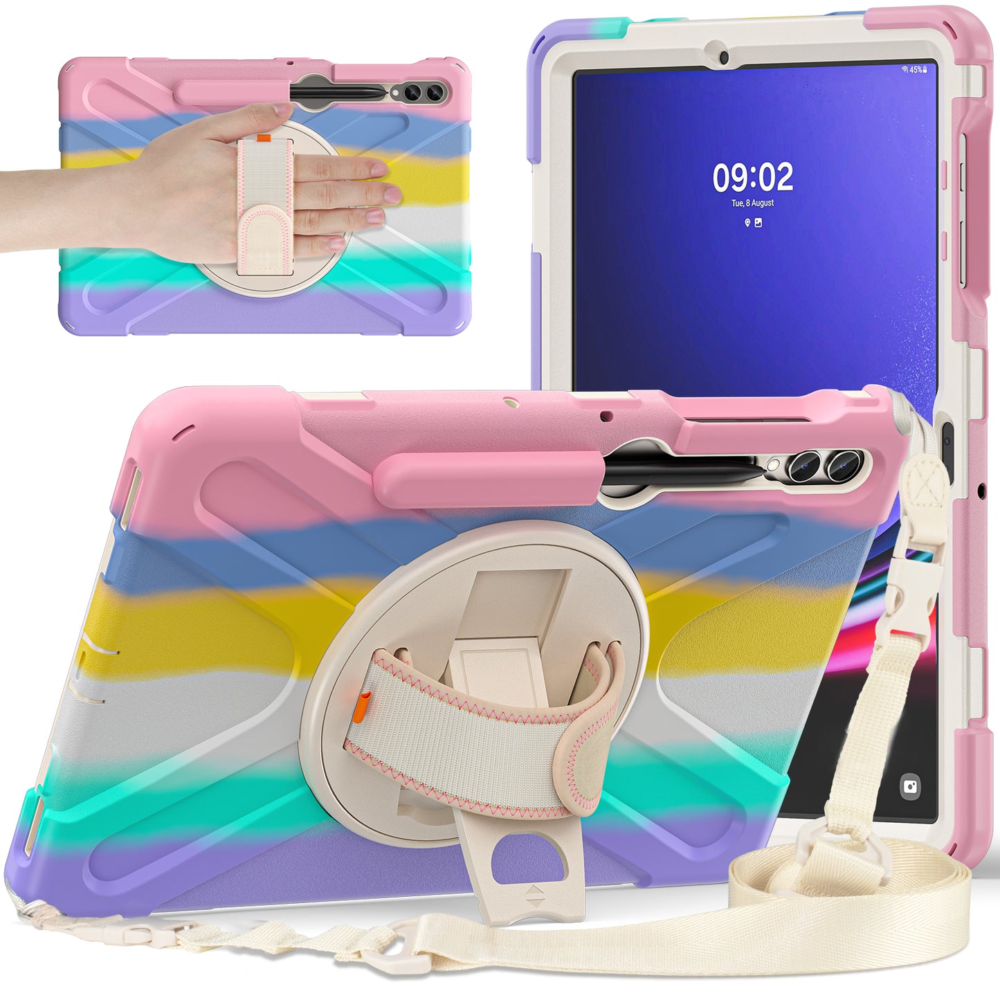 For Samsung Galaxy Tab S10+ X826 / S9 FE+ / S9+ / S8+ / S7+ Shockproof PC+Silicone Rugged Tablet Case Kickstand with Hand Band / Shoulder Strap - Colorful Pink