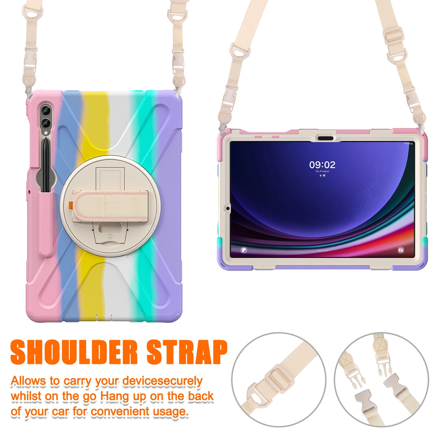 For Samsung Galaxy Tab S10+ X826 / S9 FE+ / S9+ / S8+ / S7+ Shockproof PC+Silicone Rugged Tablet Case Kickstand with Hand Band / Shoulder Strap - Colorful Pink