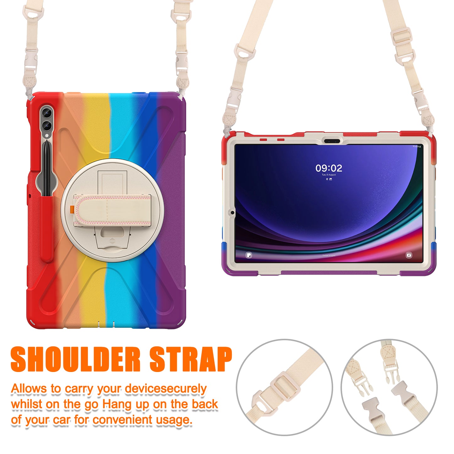 For Samsung Galaxy Tab S10+ X826 / S9 FE+ / S9+ / S8+ / S7+ Shockproof PC+Silicone Rugged Tablet Case Kickstand with Hand Band / Shoulder Strap - Colorful Red