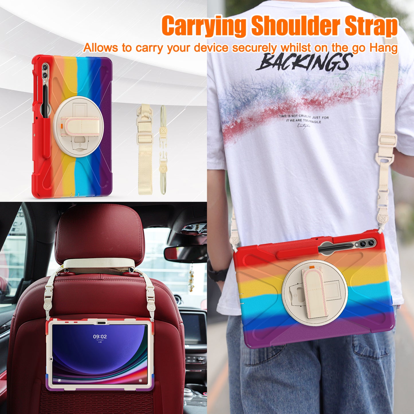 For Samsung Galaxy Tab S10+ X826 / S9 FE+ / S9+ / S8+ / S7+ Shockproof PC+Silicone Rugged Tablet Case Kickstand with Hand Band / Shoulder Strap - Colorful Red