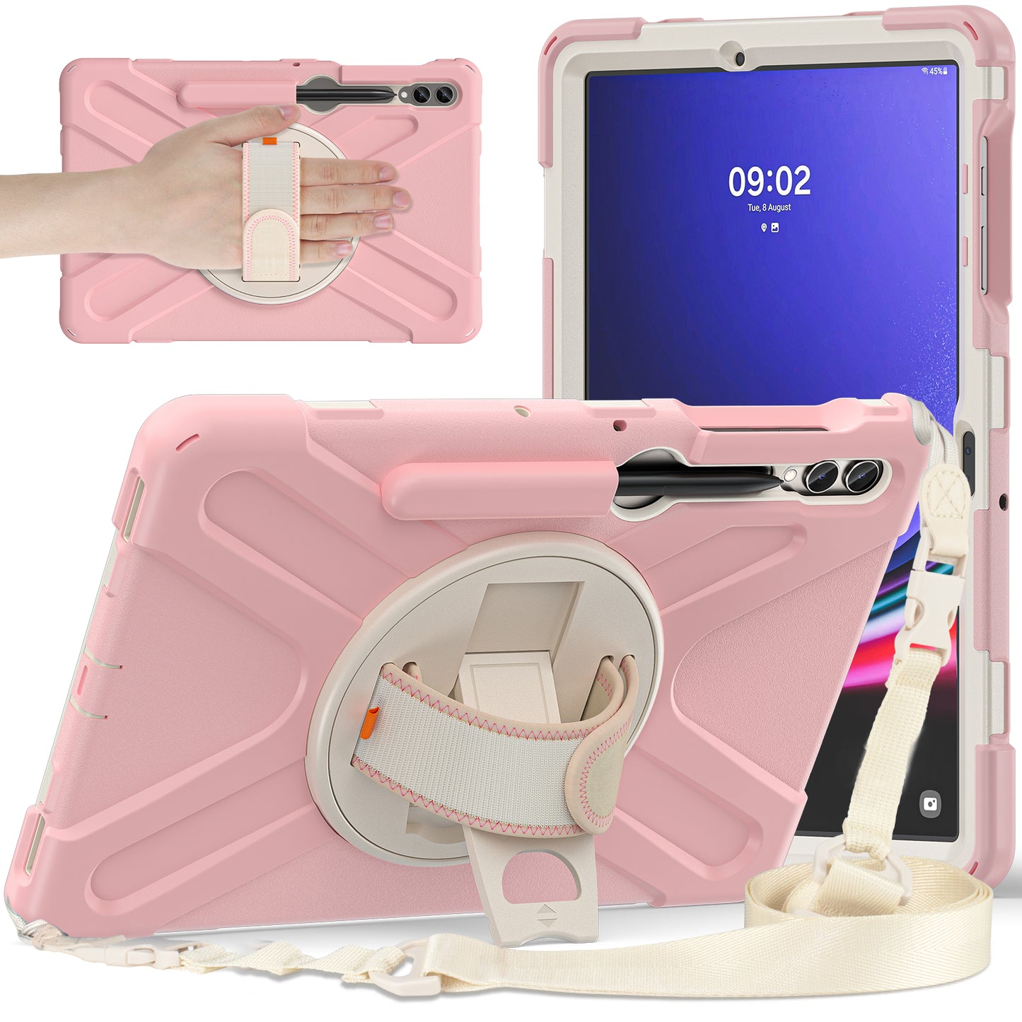 For Samsung Galaxy Tab S10+ X826 / S9 FE+ / S9+ / S8+ / S7+ Shockproof PC+Silicone Rugged Tablet Case Kickstand with Hand Band / Shoulder Strap - Pink / White