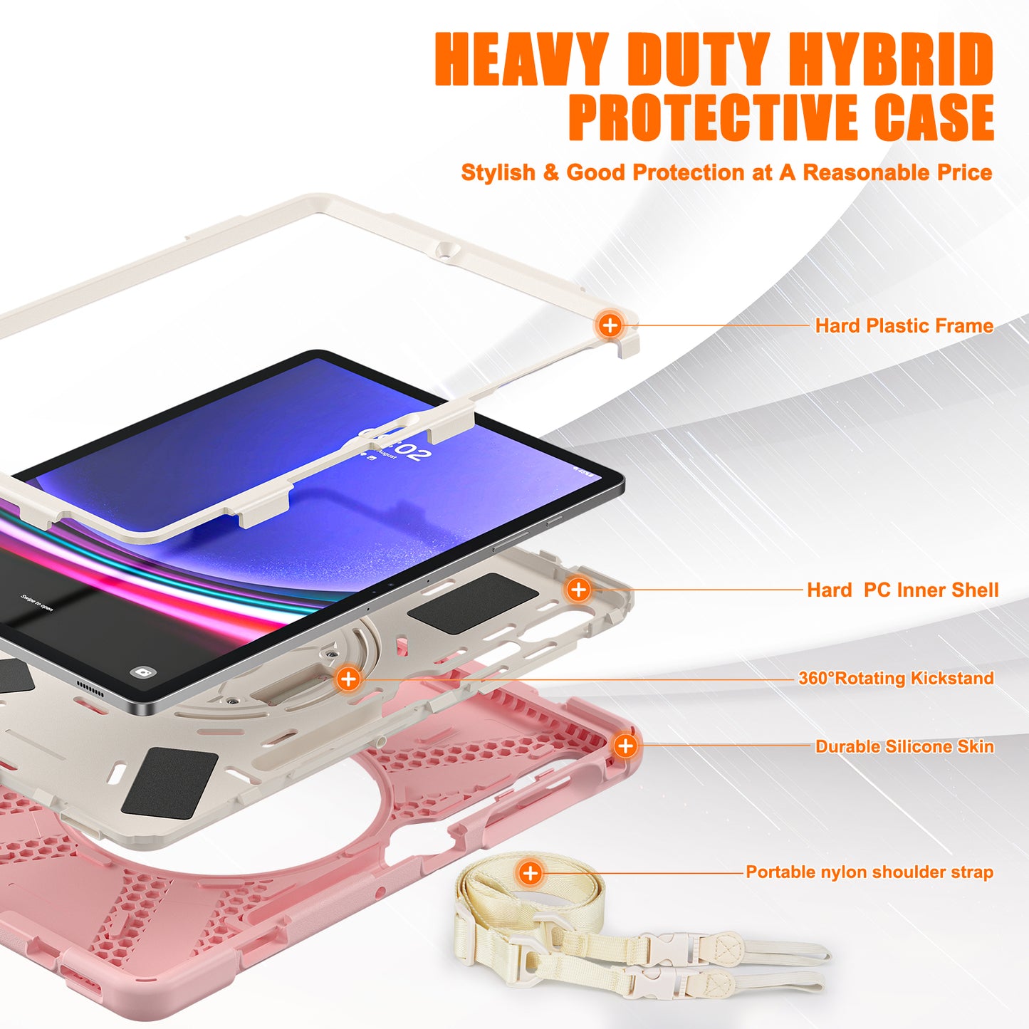 For Samsung Galaxy Tab S10+ X826 / S9 FE+ / S9+ / S8+ / S7+ Shockproof PC+Silicone Rugged Tablet Case Kickstand with Hand Band / Shoulder Strap - Pink / White