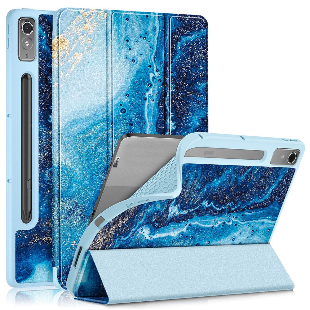For Lenovo Lenovo Tab P12 TB371FC Pattern Printing Tri-fold Stand Tablet Cover PU Leather +TPU Tablet Case - Sea Wave