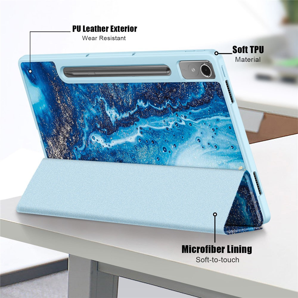 For Lenovo Lenovo Tab P12 TB371FC Pattern Printing Tri-fold Stand Tablet Cover PU Leather +TPU Tablet Case - Sea Wave