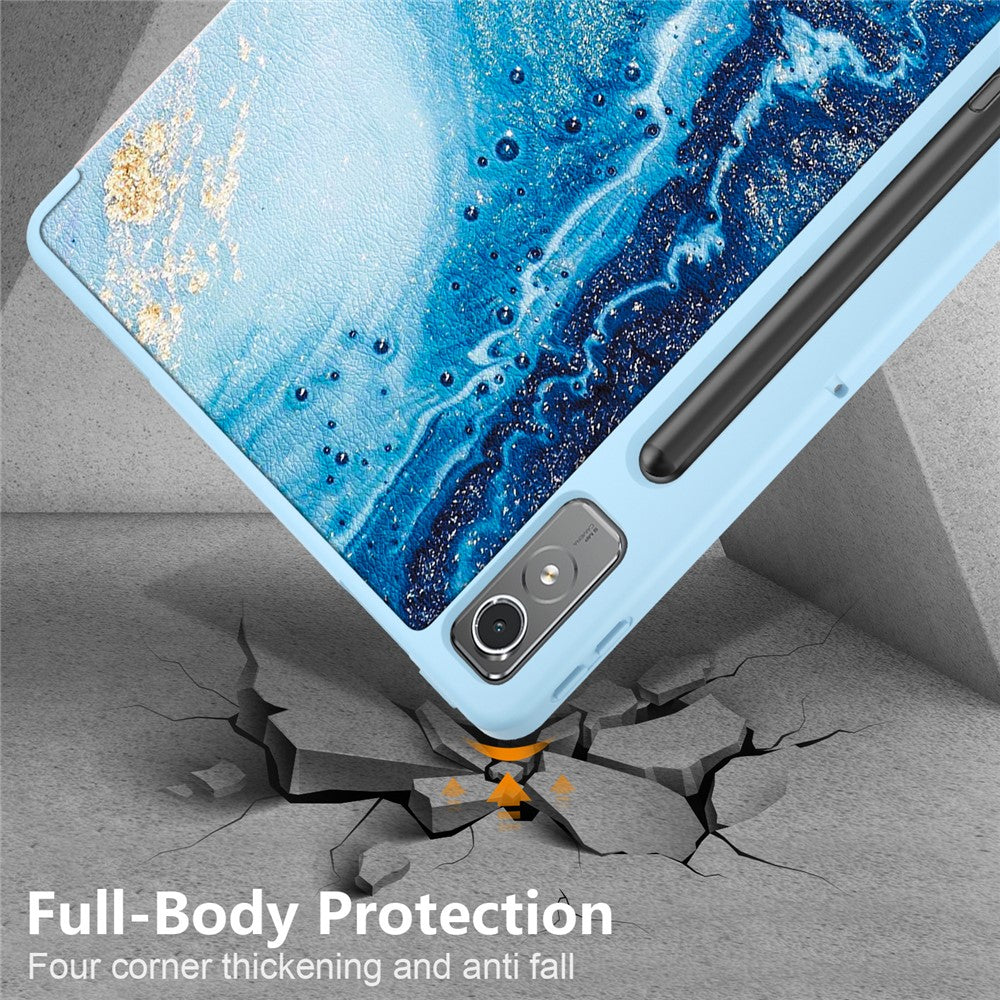 For Lenovo Lenovo Tab P12 TB371FC Pattern Printing Tri-fold Stand Tablet Cover PU Leather +TPU Tablet Case - Sea Wave