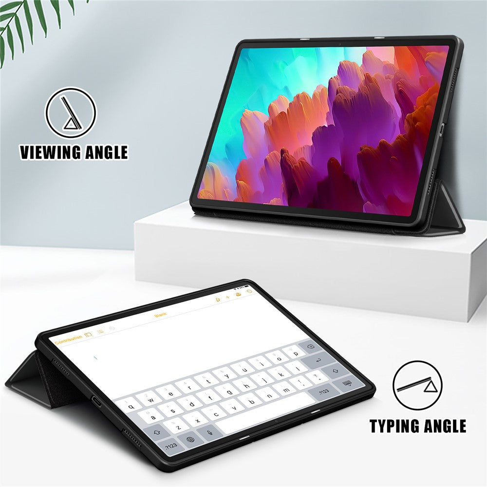 For Lenovo Tab P12 / P12 Pro Gen 2 TB371FC Trifold Stand Solid Color Smart Case PU Leather+TPU Tablet Cover - Black