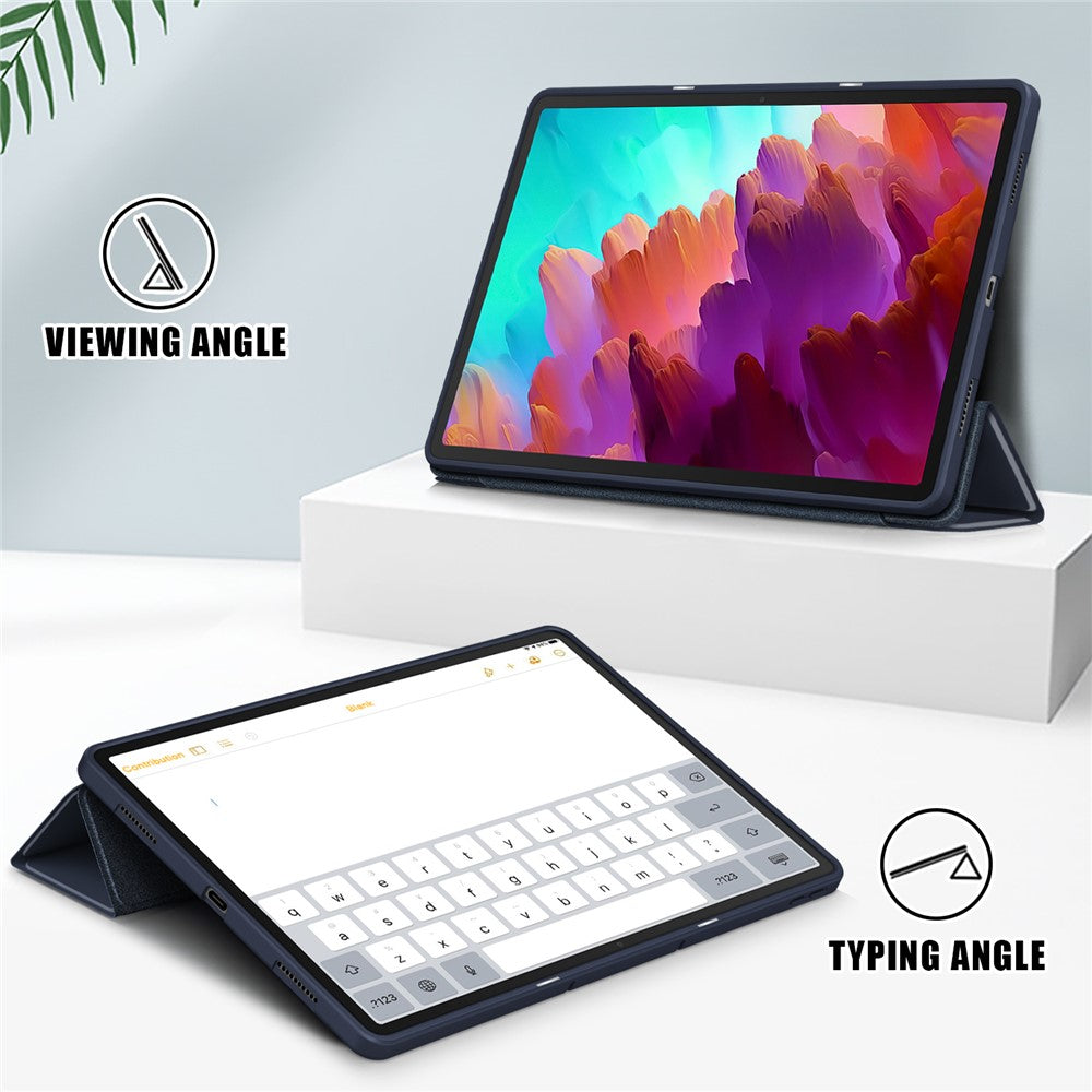 For Lenovo Tab P12 / P12 Pro Gen 2 TB371FC Trifold Stand Solid Color Smart Case PU Leather+TPU Tablet Cover - Dark Blue