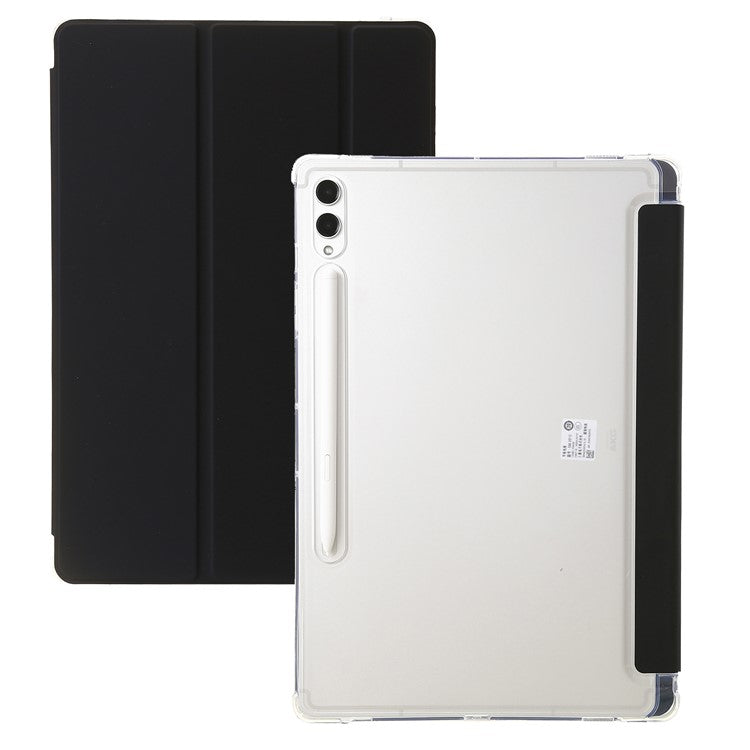 For Samsung Galaxy Tab S9+ Tri-fold Stand Smart Cover PU Leather+Acrylic+TPU Transparent Tablet Case - Black