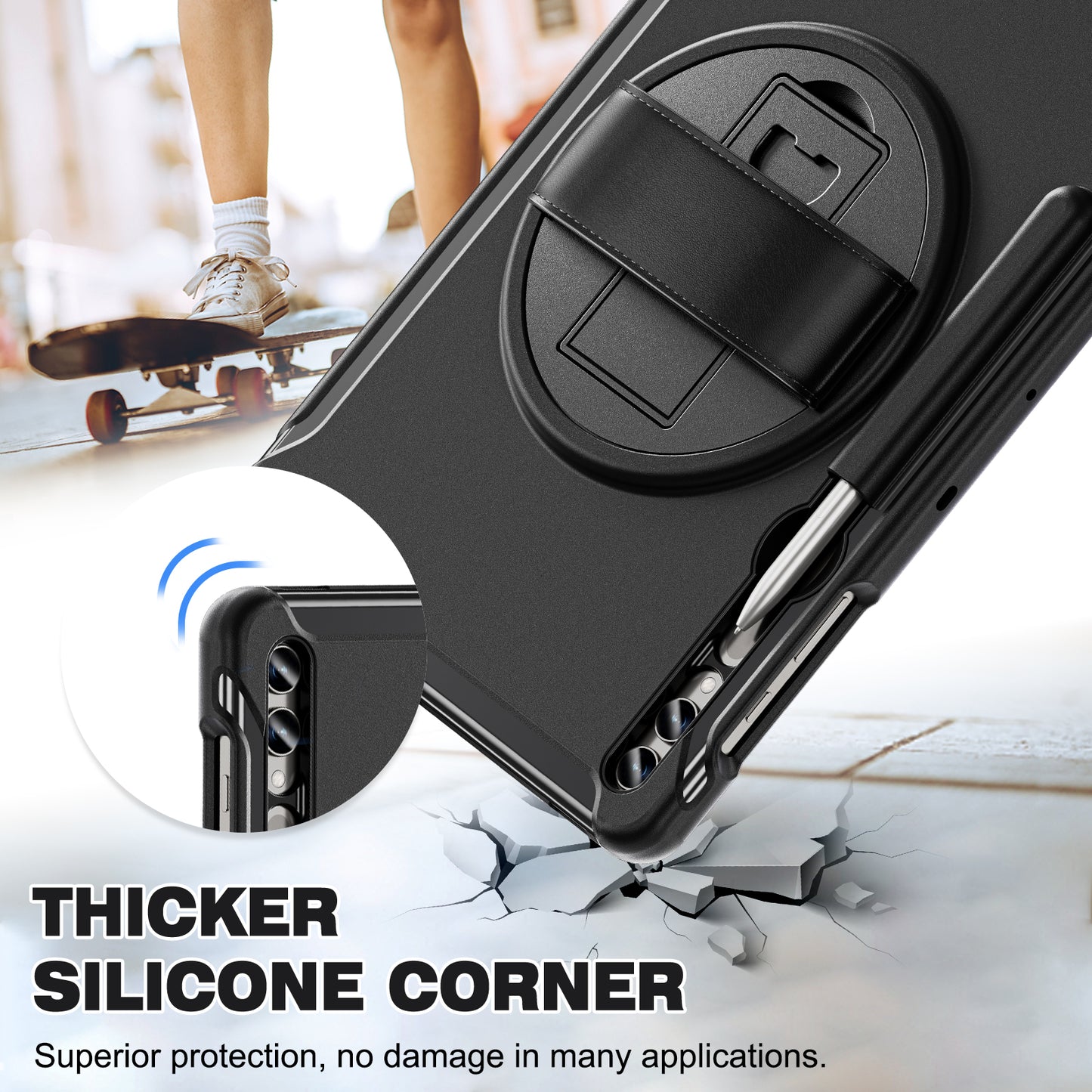 For Samsung Galaxy Tab S9 FE+ / S7+ T970 / Tab S7 FE T730 / Tab S8+ X800 / Tab S9+ X810 Case Pen Holder PC+TPU Tablet Kickstand Cover - Black